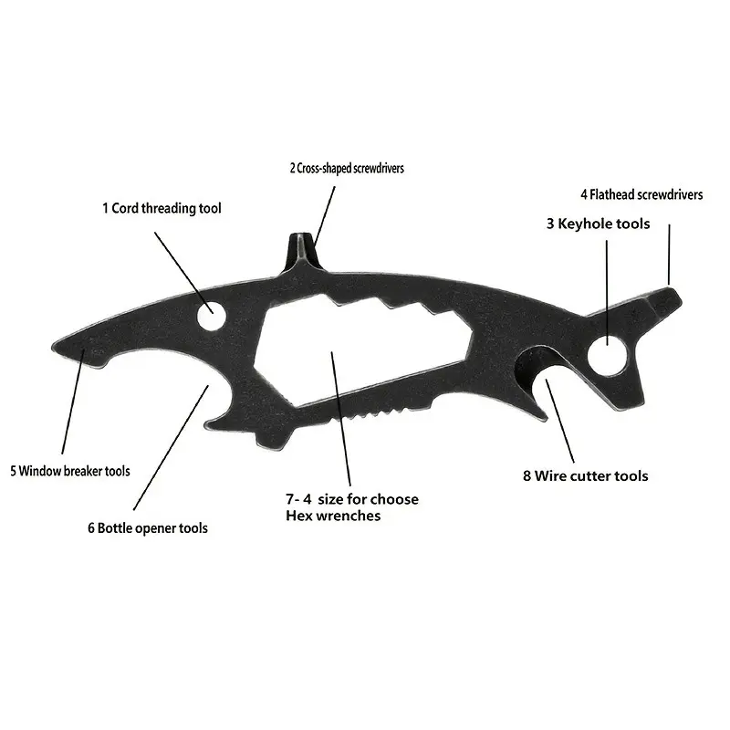 8-In-1 Fish-Shaped Multi-Tool, Outdoor Edc Pocket Tool, Includes Bottle Opener, Screwdriver, Hex Wrench, Pry Bar, Ideal for Camping Hiking Backpacks