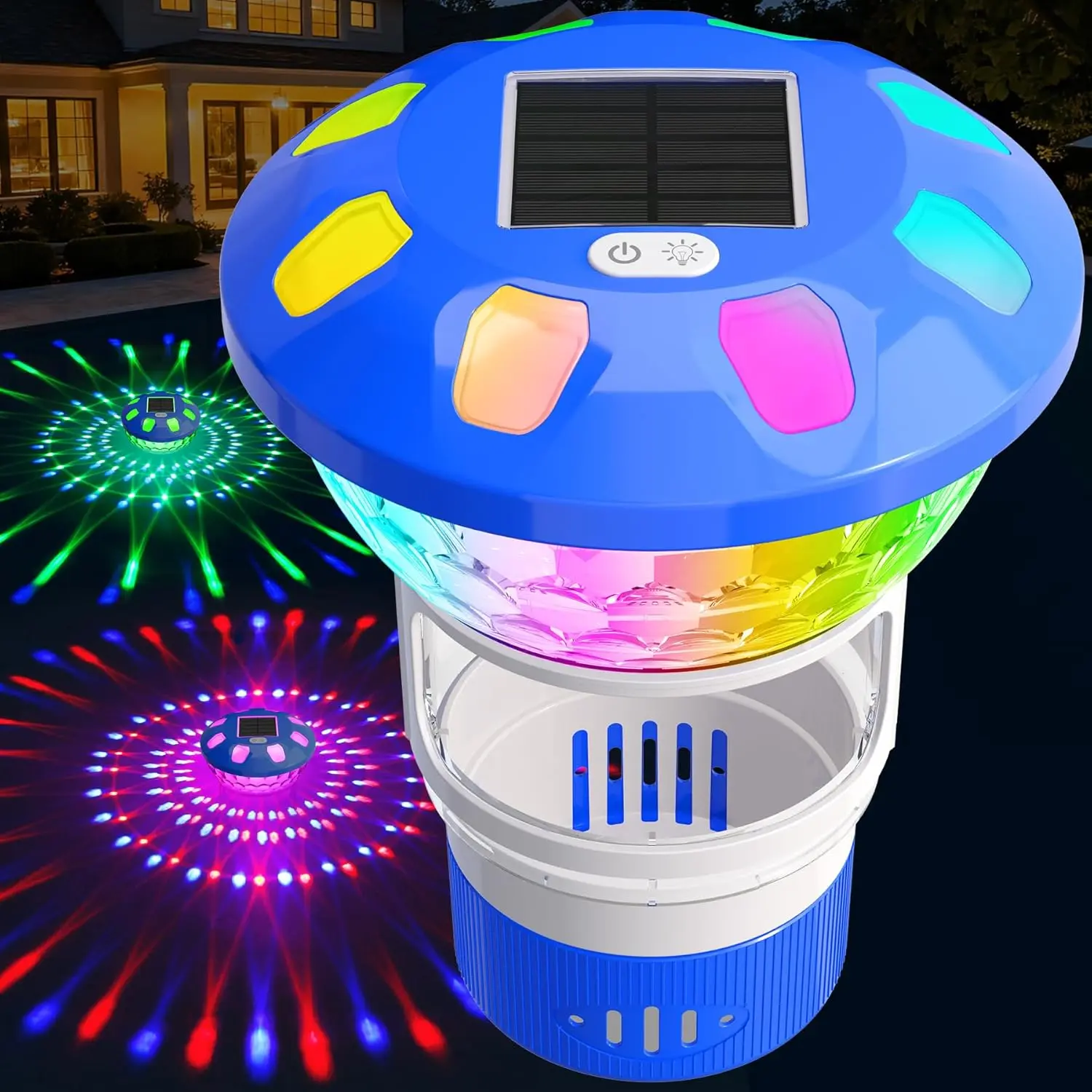 Chlorine Floater with Light, Adjustable Flow, Solar Powered, Large Capacity, Collapsible Floating Dispenser for Pool, Hot Tub, Blue