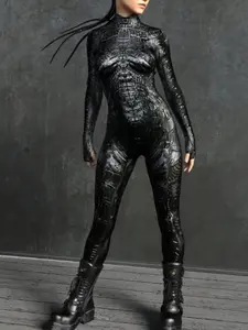 Dark Alien Texture Bodysuit, High Neck Zipper Full Coverage Leather Look, Music Festival Halloween Cosplay Cyberpunk Nightclub Stage Costume