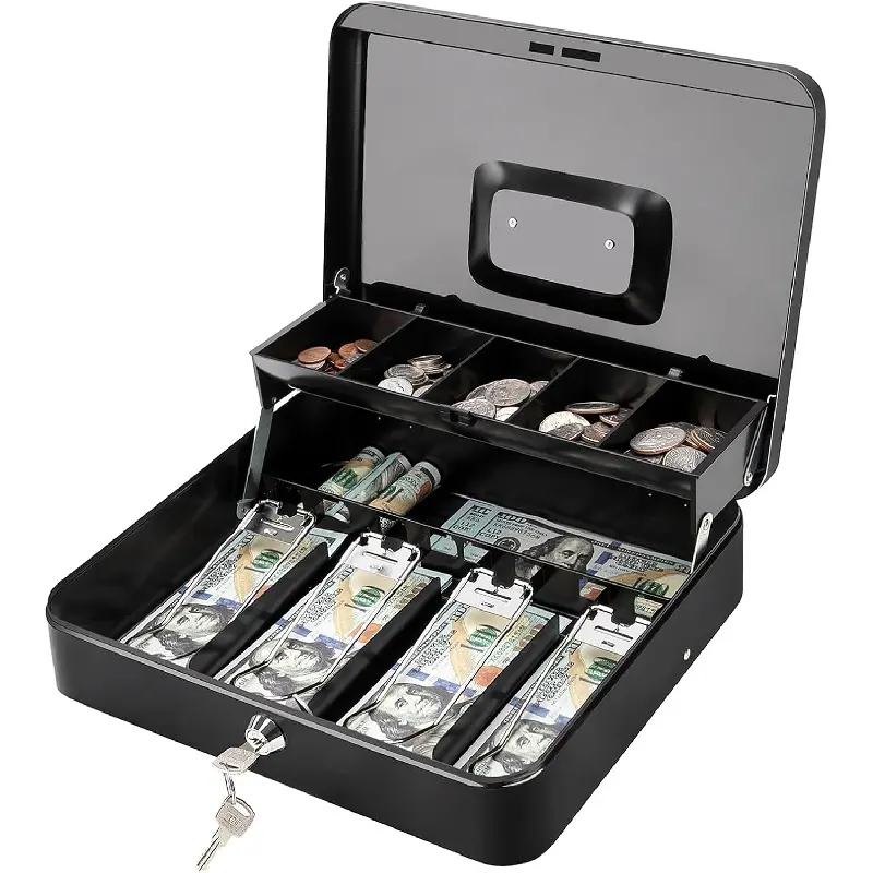 Black Cash Box with Key Lock - 0.7mm Solid Steel Drawer, 1.8cm Spill-Proof Foam Liner, 5-Compartment Auto-Pop Coin Tray, 4 Finger-Safe No-Pinch Bill Clips, Portable Storage for Small Businesses, Farmers Markets (11.8x9.5x3.54 inches)