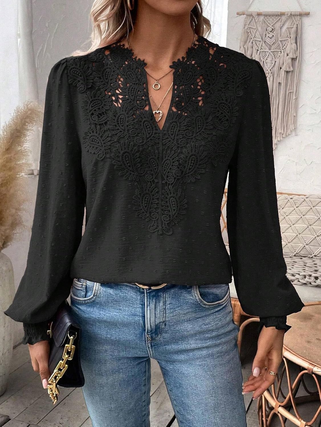 Womens Dressy Lace Blouse V-Neck Ruffle Long Sleeve T Shirt 2026 Fall Fashion Clothes Lace Crochet Casual Boho Tees Tops