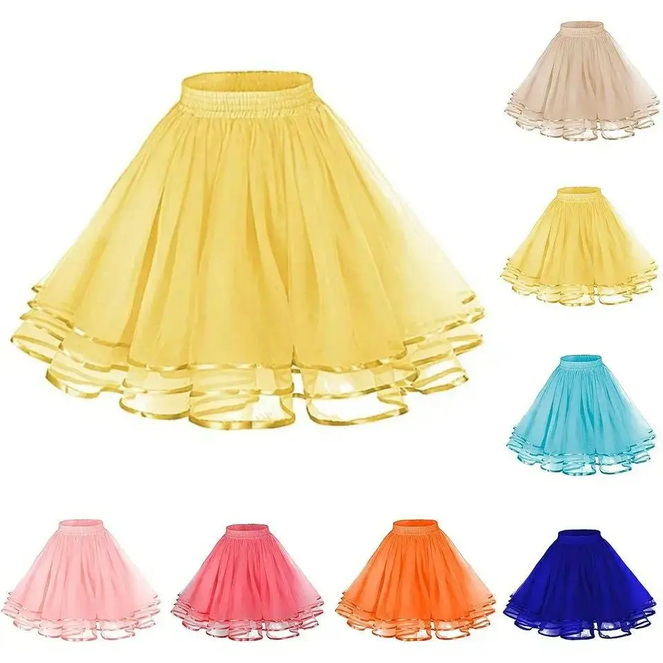 14 Colors Women Petticoat Tutu Underskirts Crinoline 50's Three Layers Ribbon Gauze Tulle Skirt Vintage Bridal Slips Rockabilly