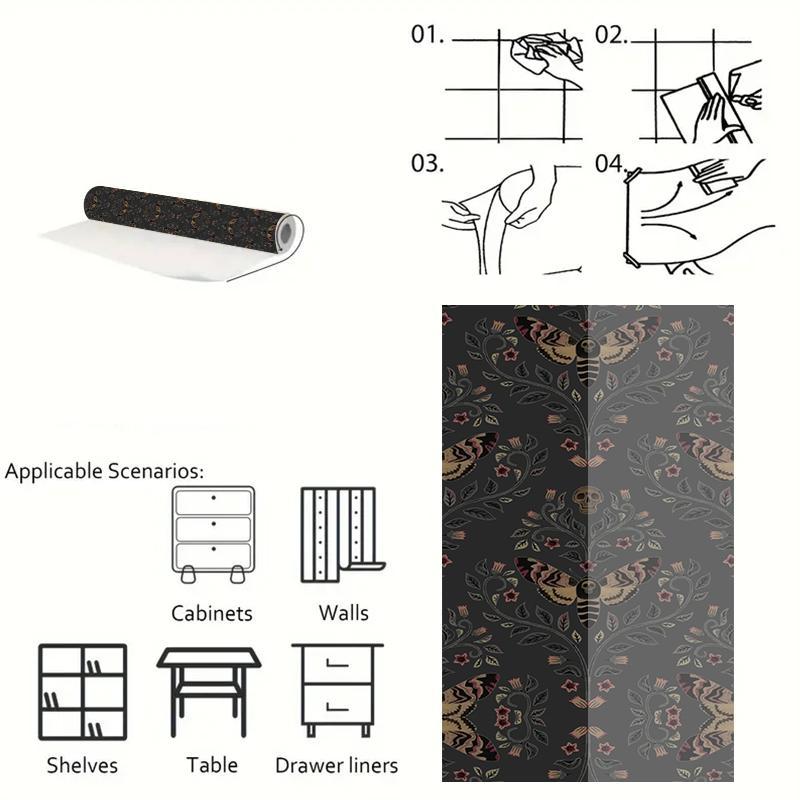Skull Head Moth Pattern Wall Sticker, 1 Roll Waterproof Self-adhesive Wallpaper, Removable Wall Decal for Home Living Room Bedroom Dormitory Decor
