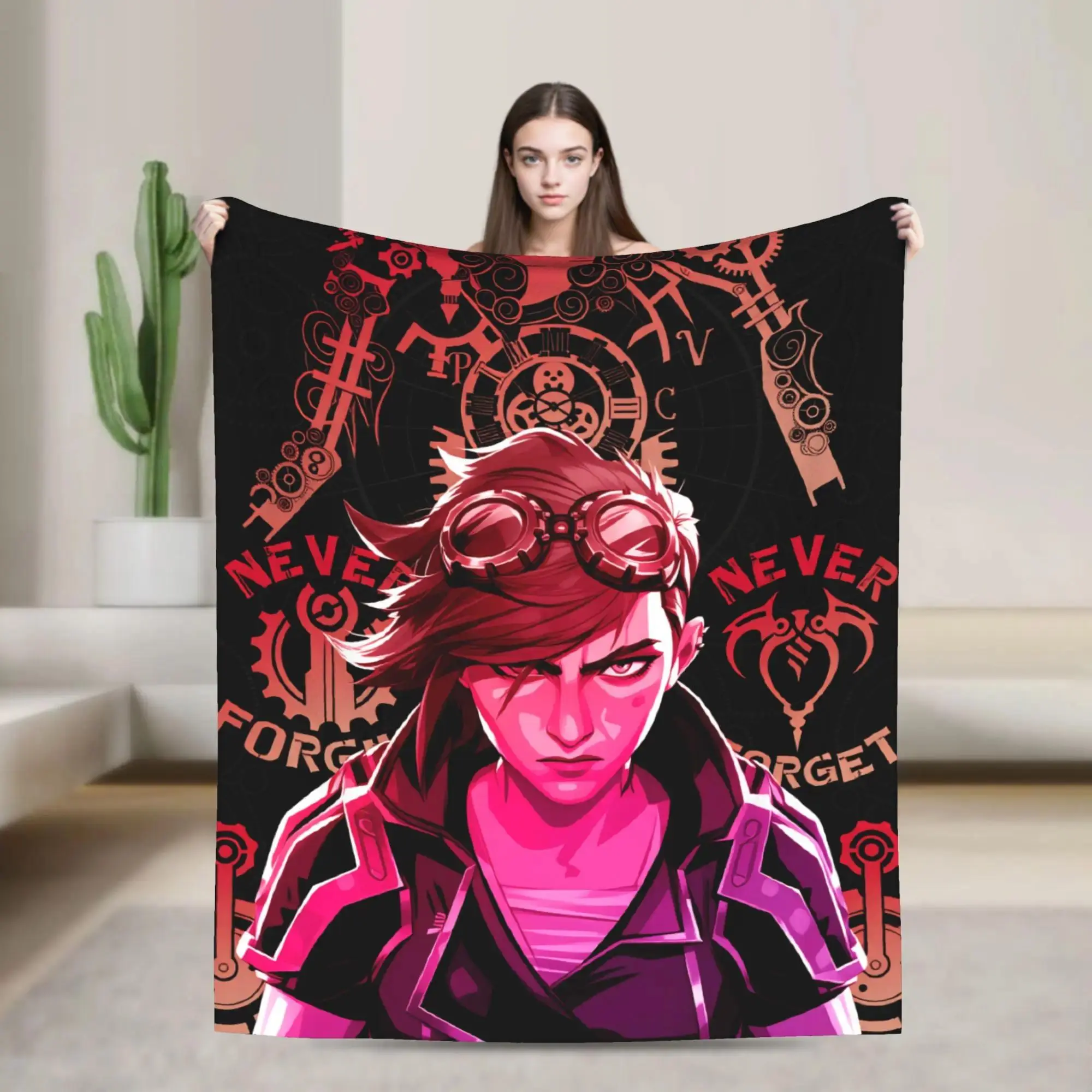 Arcane Viktor Jinx Jayce Caitlyn Blanket Flannel Throw Blanket Fantasy Game Print for Bedroom Decor, Gaming Room, Couch and Gift Ideas