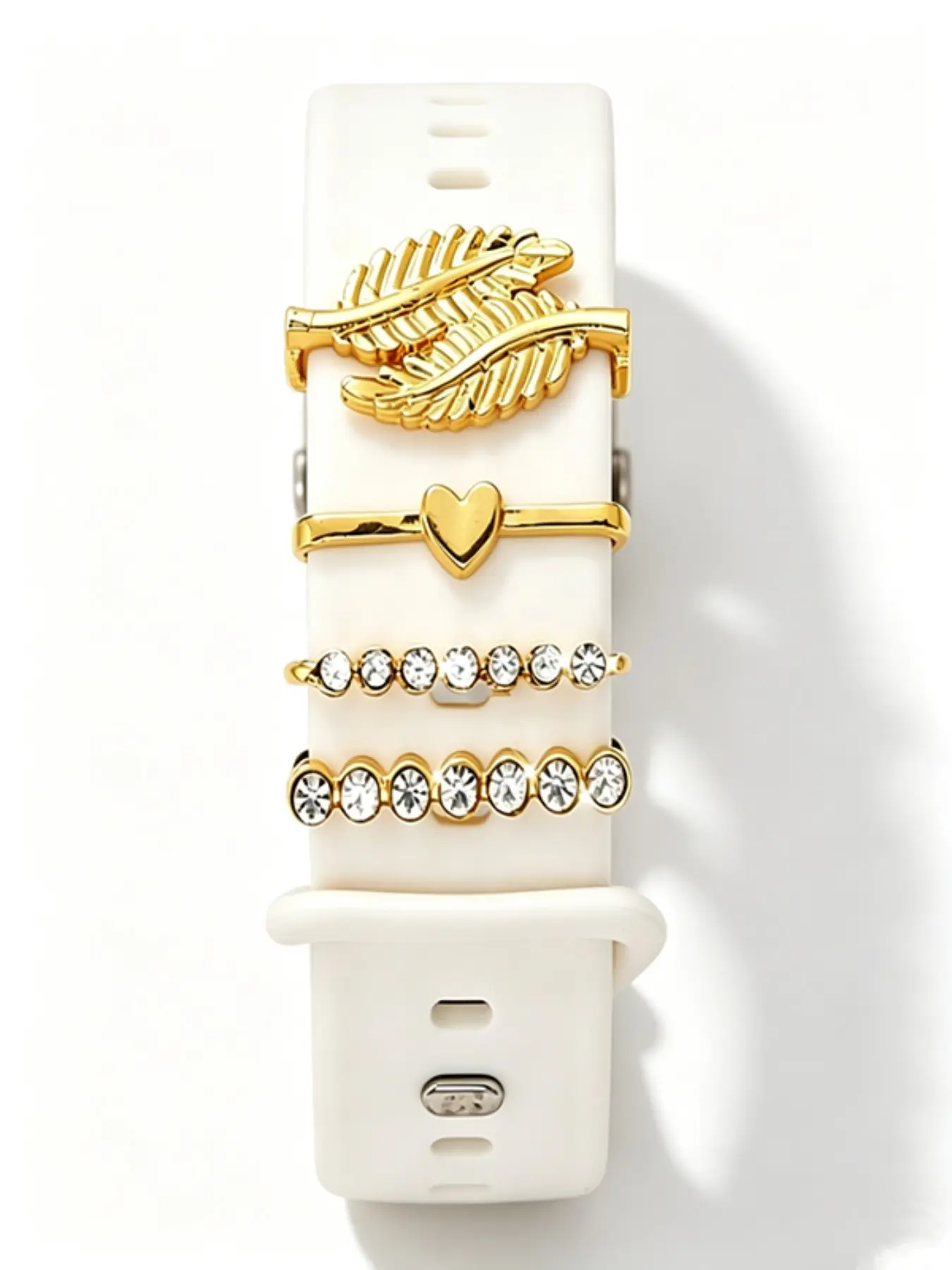 4 Pcs Watch Band Charms, Zinc Alloy Leaf Heart Rhinestone Clasp, Smartwatch Accessories, Compatible with Apple Watch Silicone Bands, Gift for Women Girls