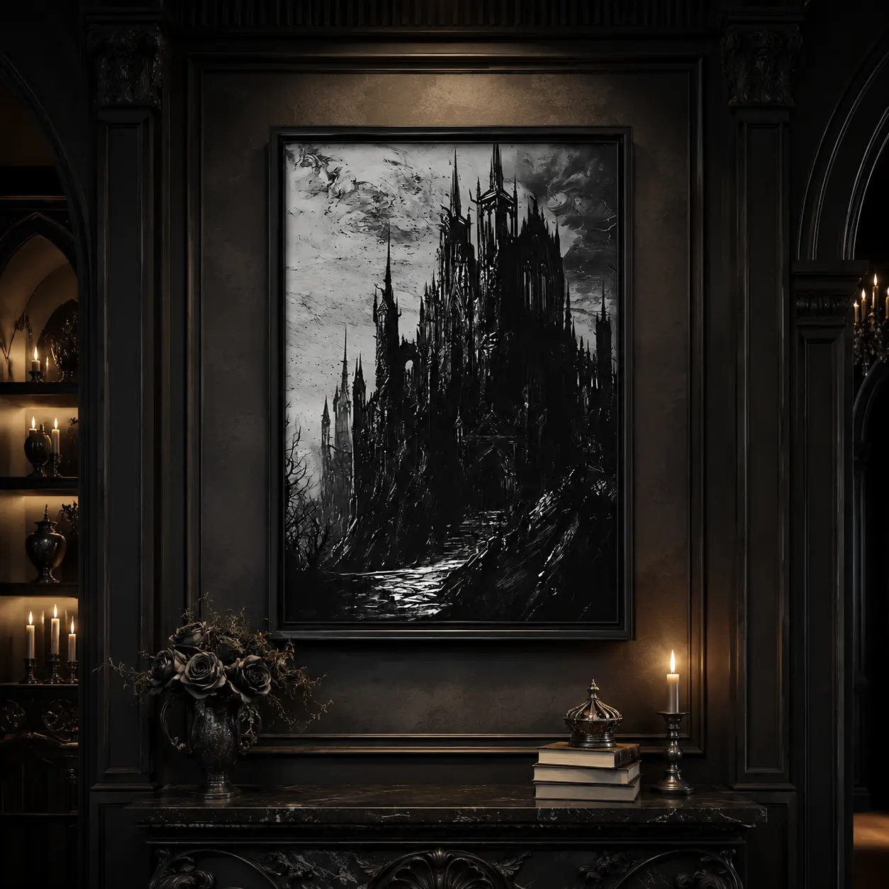 Dark Gothic Castle Frameless Wall Art Poster - Abstract Vintage Dark Academia Home Decor, Black Gold Ink Splash Mural, Newspaper Brand High Color Fastness Indoor Printing Canvas Art, Living Room Decor, Man Cave Decor