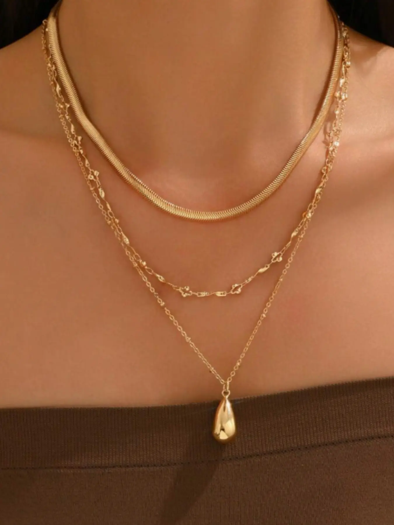 3pcs/set Chain Necklace Set, Vintage Water Drop Pendant, Fashionable Jewelry for Daily Wear, Dates, Parties, Music Festivals
