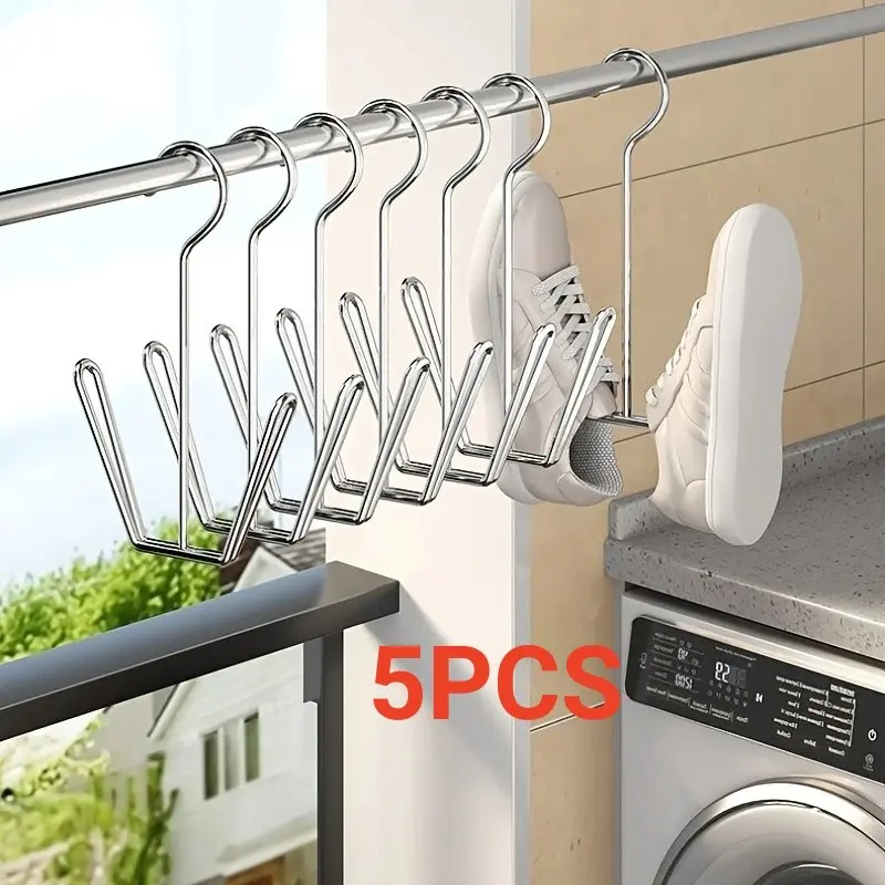 Non perforated multifunctional stainless steel shoe hanger, double hook multifunctional shoe rack, dehumidification and drying shoe hook. Balcony window sill windproof hook, suitable for most shoes