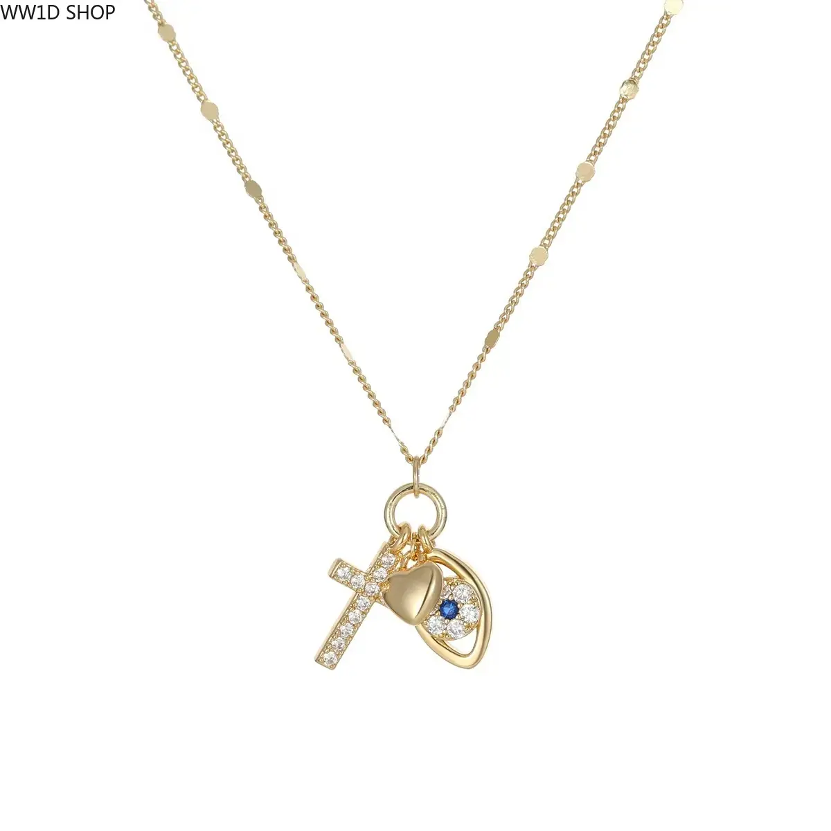 Women's Low Allergenic Gold-Tone Evil Eye Cross Heart Necklace - Cubic Zirconia Pendant, Elegant Protection Jewelry for Daily Wear & Gifting, Birthday, Female, Auspicious, Adults
