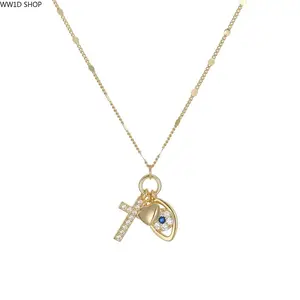 Gold Tone Evil Eye Cross Heart Necklace for Women, Cubic Zirconia Pendant Jewelry for Daily Wear Layering and Gift Styling