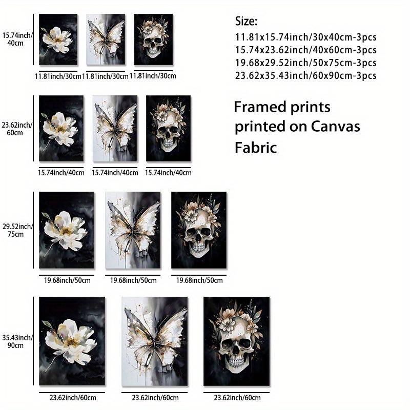 Framed 3 Pieces Skull Pansy Canvas Poster Black and White Gothic Wall Art Witch Wall Decor Perfect Gift for Friends and Family Flower Skull Butterfly Abstract Wall Art Canvas Print Home DecorAlready frameddopamine decor gifts boyfriend poster