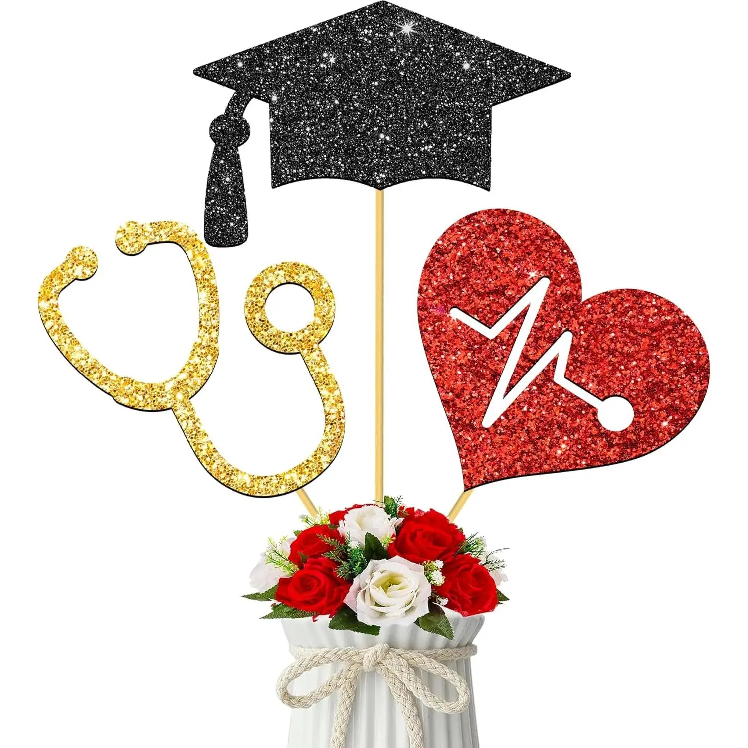 15Pcs Glitter Nurse Graduation Centerpiece Sticks Table Decorations for Nursing School Graduation RN Medical Themed Nurse Party Supplies