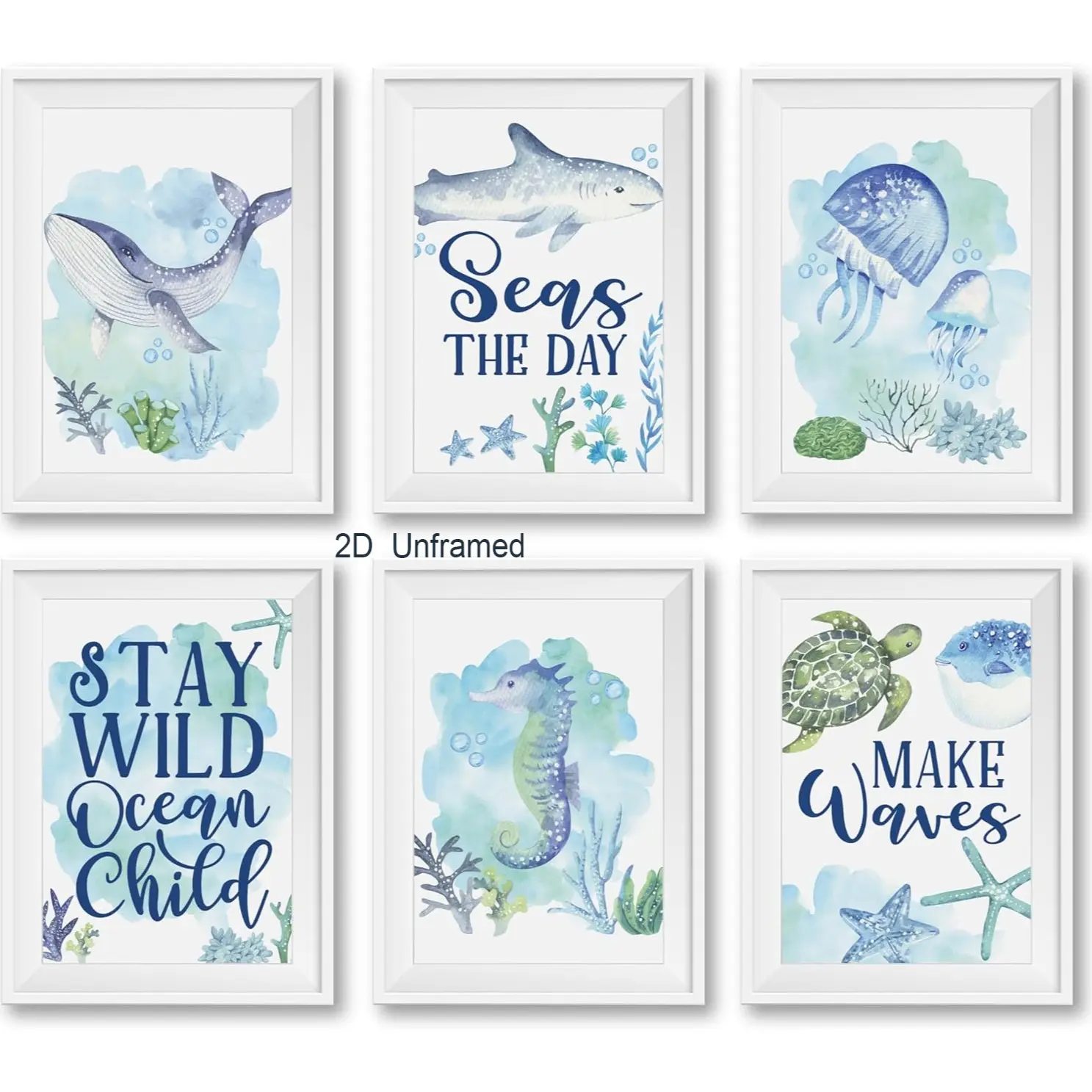 6-Piece Frameless Ocean-Themed Wall Decor — Beach-Style Decor for Toddlers, Children's Shark and Whale Wall Art, Frameless Ocean Art for Kids' Bedrooms