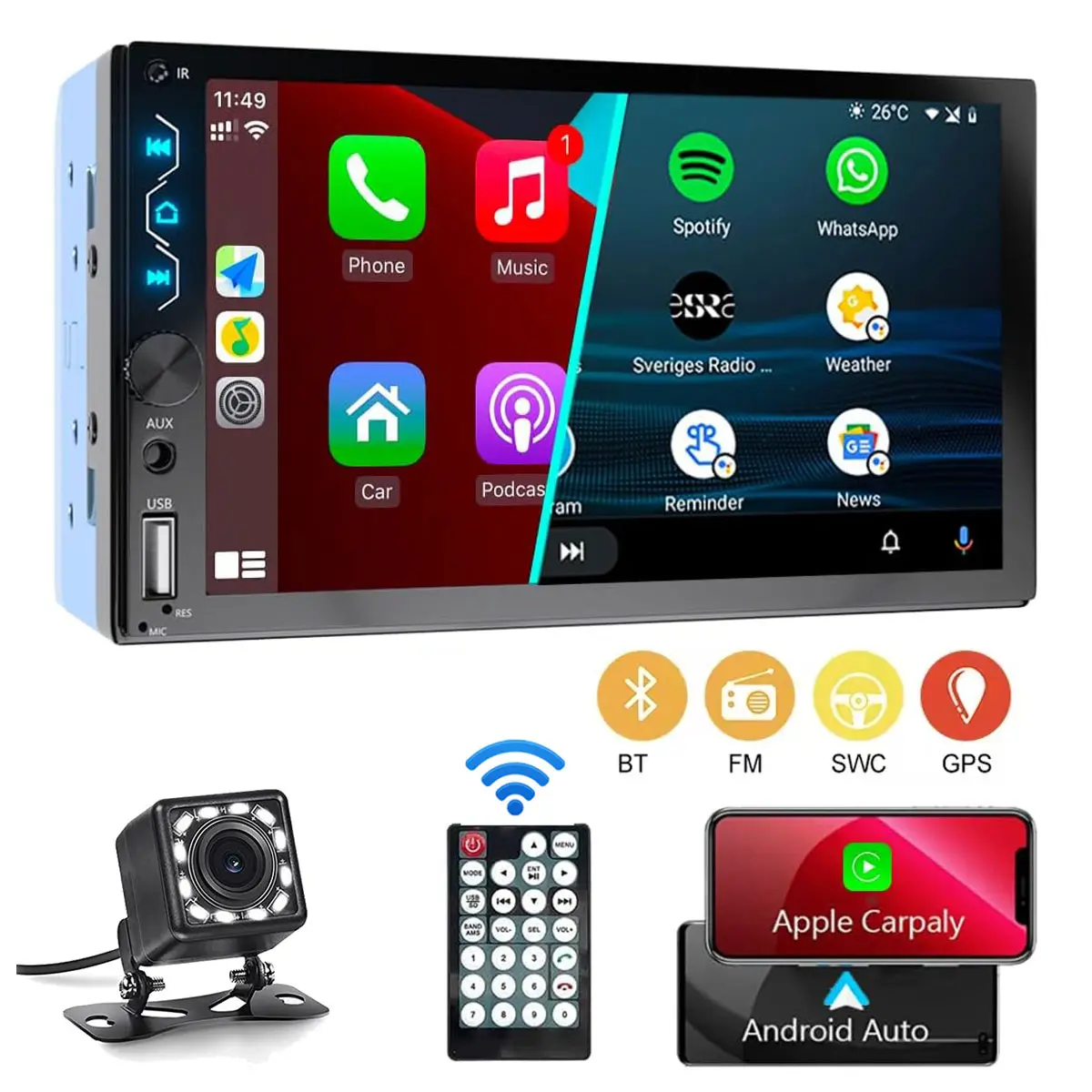 7 Inch HD Touchscreen Car Radio Double Din High Quality Car Stereo Support CarPlay and Android Auto,  With Backup Camera Mirror Link Navigation USB/AUX/FM