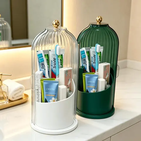 ABS Plastic Toothbrush Holder Set, Freestanding Bathroom Organizer with 360-Rotating Base, 180-Sliding Dustproof Lid, Waterproof Ribbed Transparent Multi-Section Caddy, 3-Height Divided Slots & Anti-Slip Countertop Design