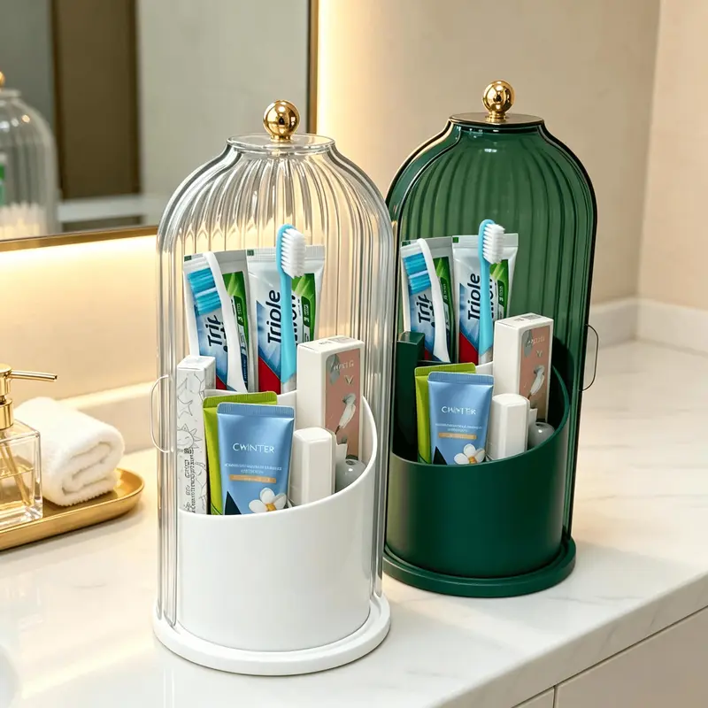 ABS Plastic Toothbrush Holder Set, Freestanding Bathroom Organizer with 360-Rotating Base, 180-Sliding Dustproof Lid, Waterproof Ribbed Transparent Multi-Section Caddy, 3-Height Divided Slots & Anti-Slip Countertop Design