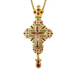 Gold Plated Pectoral Orthodox Cross Necklace for Priest, Rhinestone Jerusalem Jesus Crucifix Pendant with 47.24inches Chain, 4 Colors Religious Church Liturgy Gift