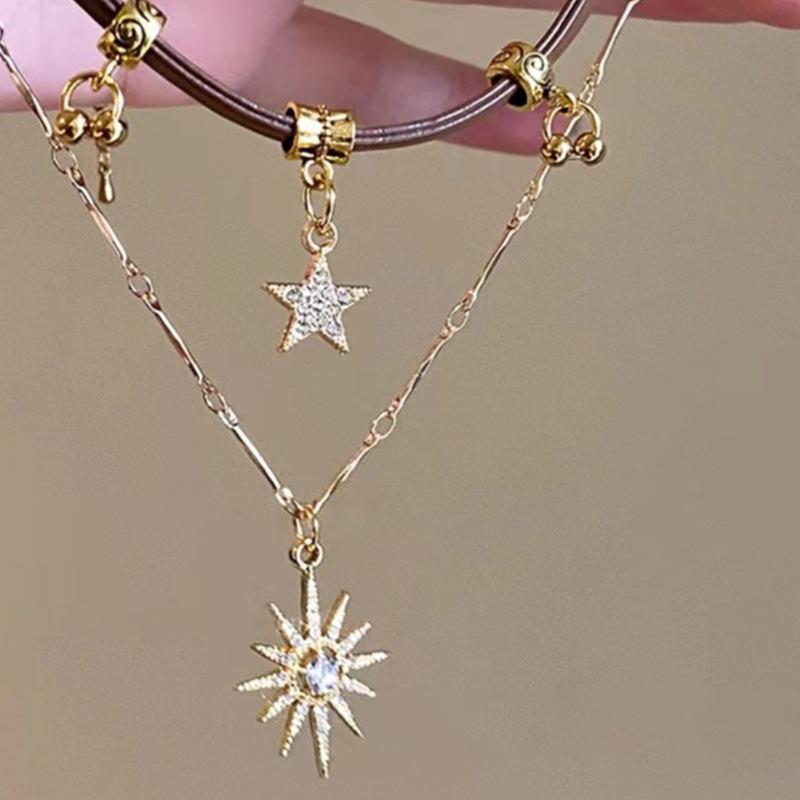Gold Layered Star Sun Pendant Necklace Set, Brown Leather Choker Necklace for Women
