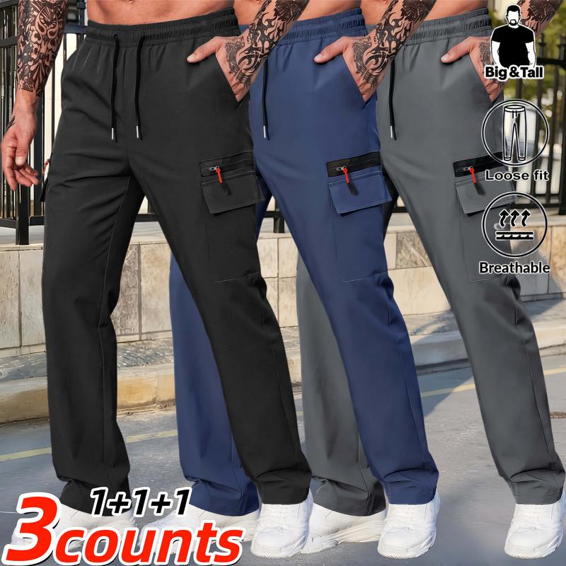 Big & Tall Men’s Long Sport Menswear Athletic Striped Polyester Cargo Trouser Joggers - Lightweight, Quick-Dry, Breathable Activewear with Multi-Zipper Pockets, Elastic Drawstring Waistband, Stretch Ankle Cuffs for Casual Outings, Outdoor Activities