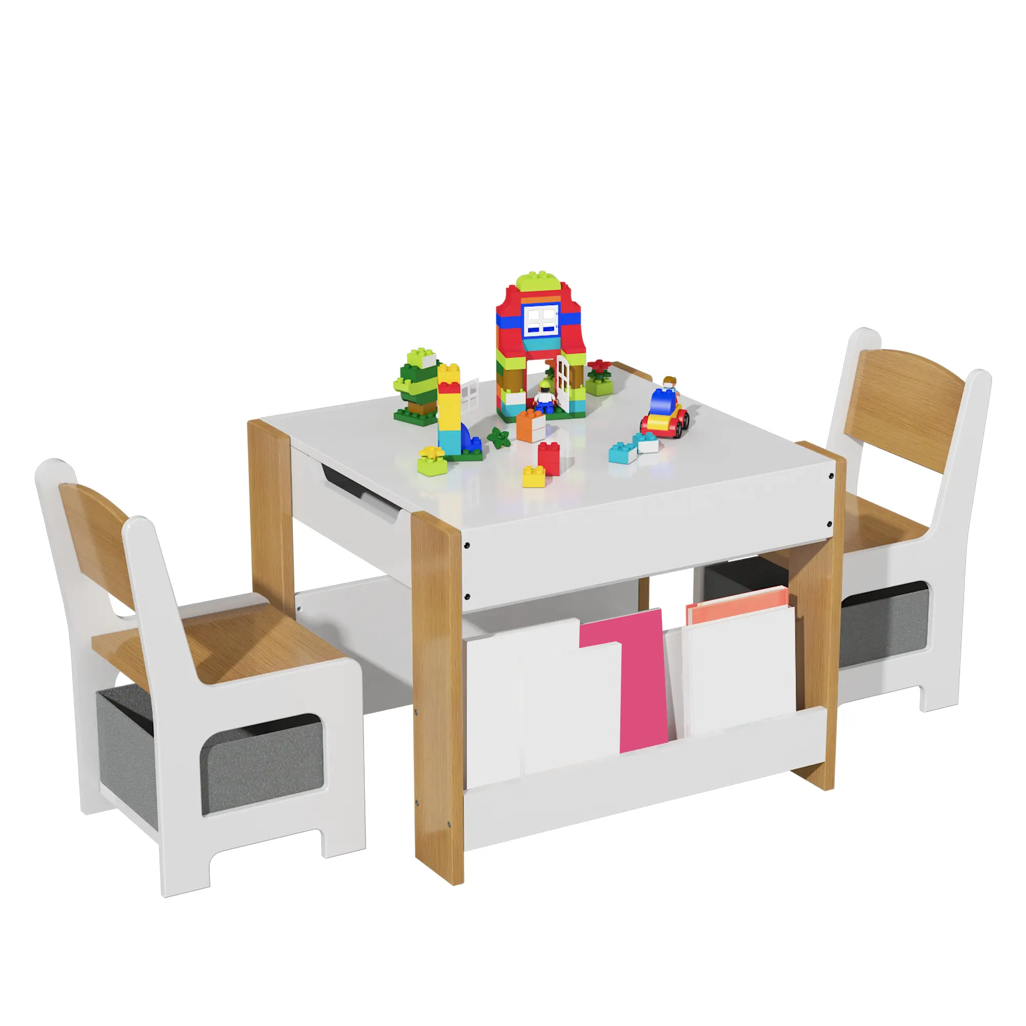 4-in-1 Kids Wooden Table and Chair Set – Multi-Activity Desk with Detachable Tabletop, Storage Drawer, 2 Chairs – Ideal for Reading, Art, Nursery, Playroom