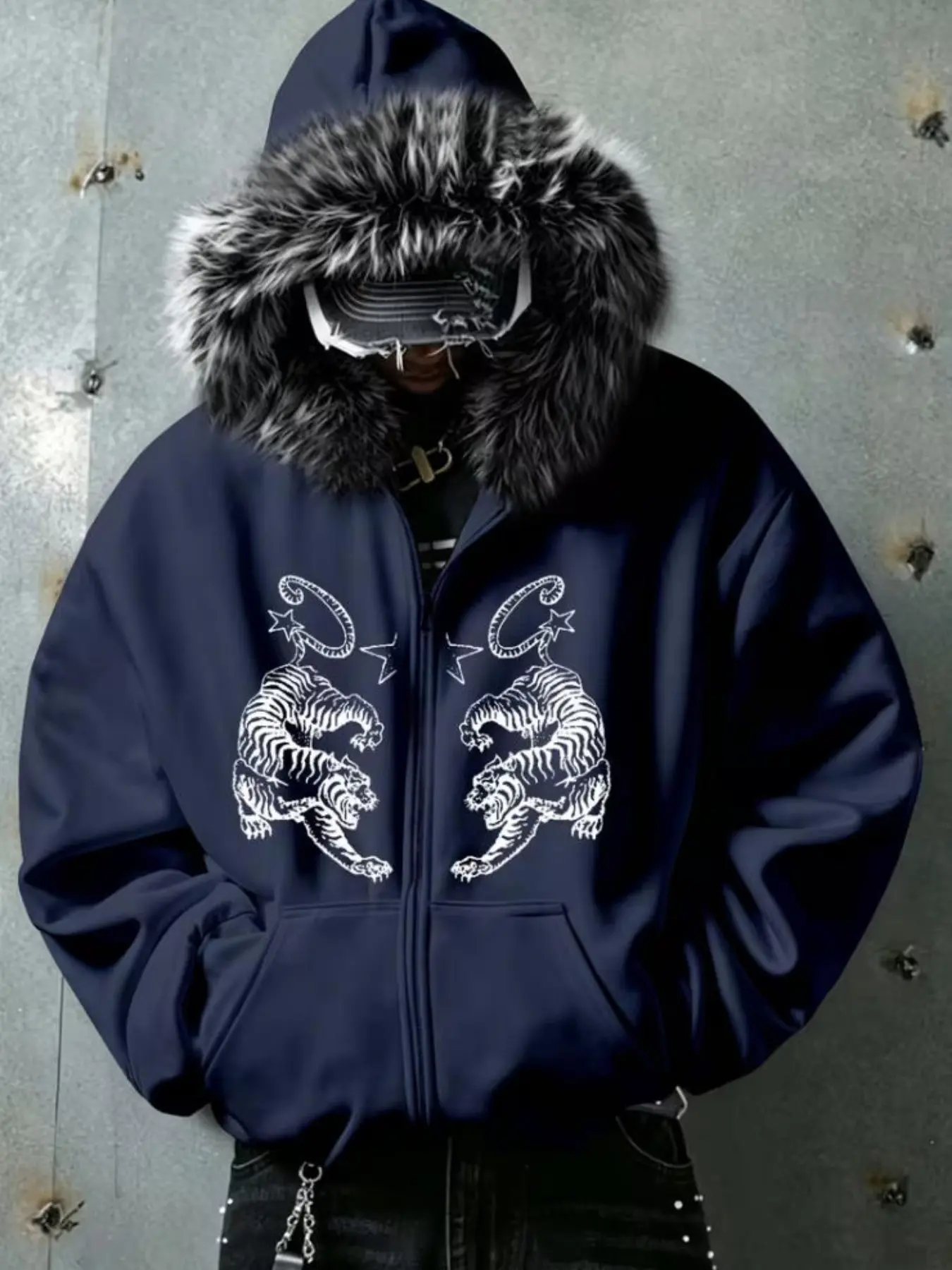 Unisex Faux Fur Collar Jacket, Dragon Print, Casual Warm Street Style Zipper Coat, Perfect for Fall Winter Daily Wear