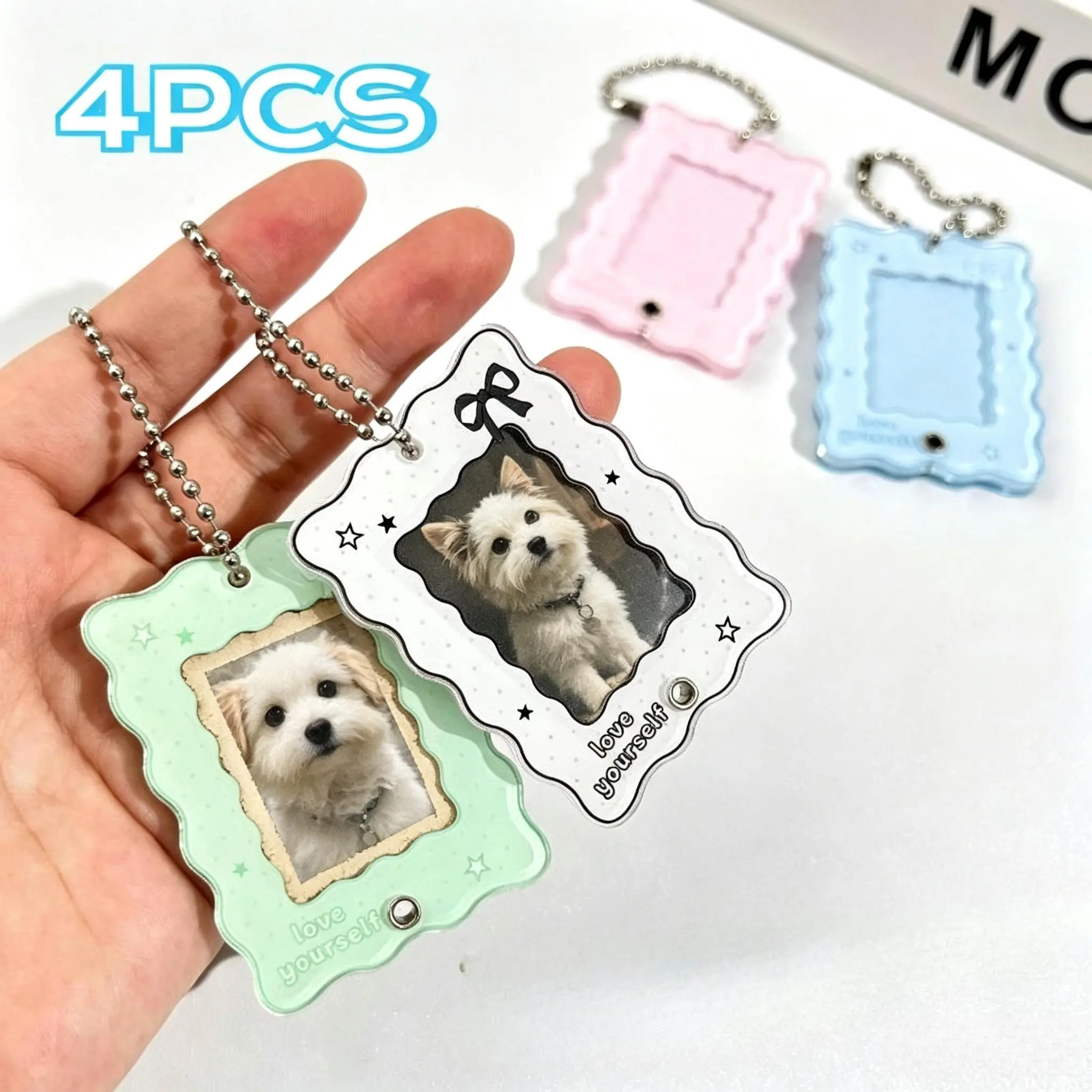 4Pcs Wavy Acrylic Slide Photocard Holder Keychain Set – Cute Pastel Pet Photo Frame with Ball Chain, Dustproof Replaceable Card Display Pendant, Dolphin Star Piano Keys Musical Note Shapes, ID Badge Student Card Case for Bag Decor, Dustproof Cover, Id Car