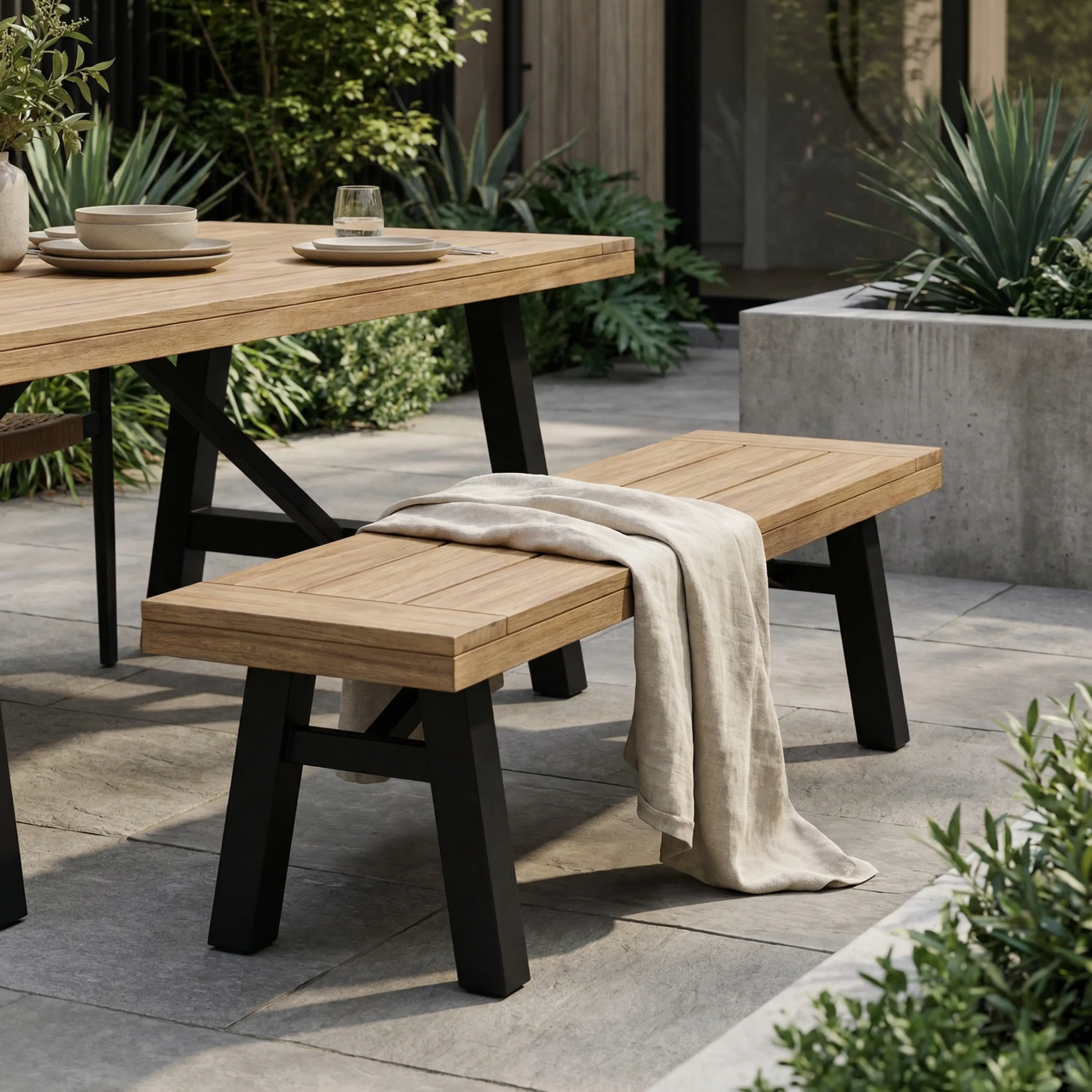 Classic 2-Person Size ARCH Outdoor Bench - Slat Panel Design, Acacia Wood Frame, Natural & Grey Finish, Weatherproof, Without Arms, Patio Seating, Home Outdoor Furniture for Porch, Backyard