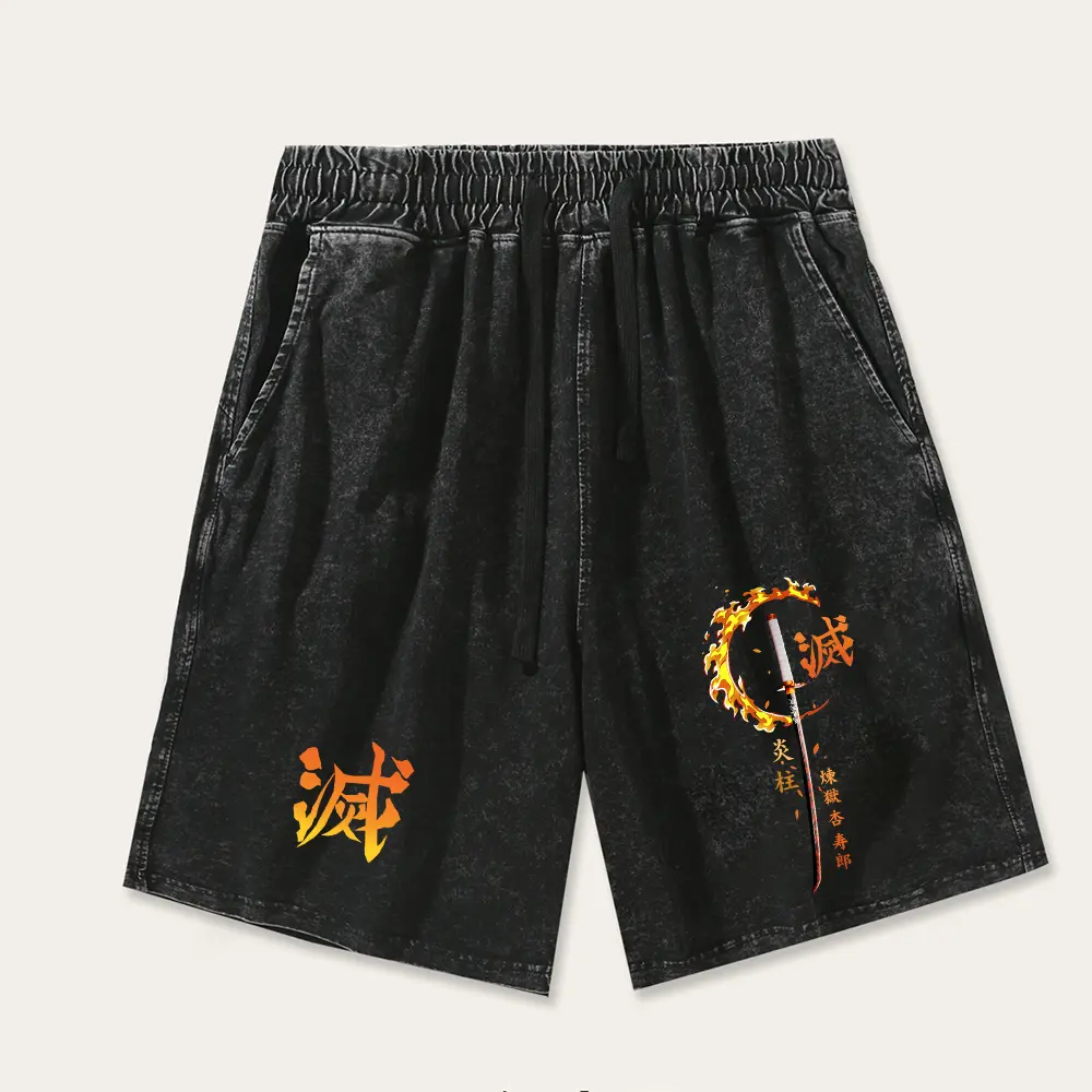 Vintage Acid Wash Heavyweight Sweat Shorts, Retro Japanese Kanji Flame Graphic Oversized Streetwear Shorts for Men Women, Casual Comfy Baggy Bottoms
