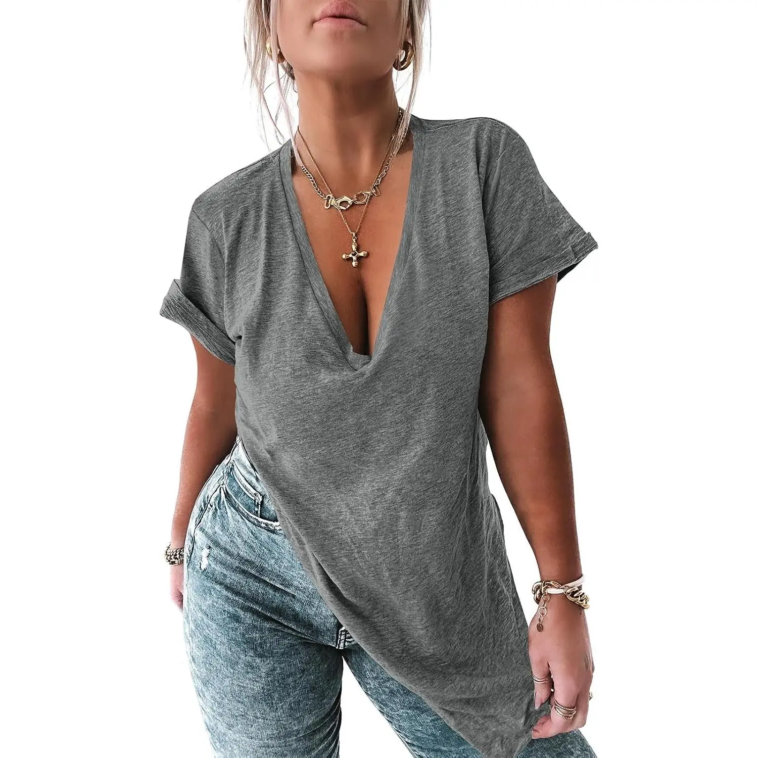 Women's Deep V Neck Short Sleeve T-Shirts Summer Oversized Casual Loose Fit Tunic Tops(Gift)