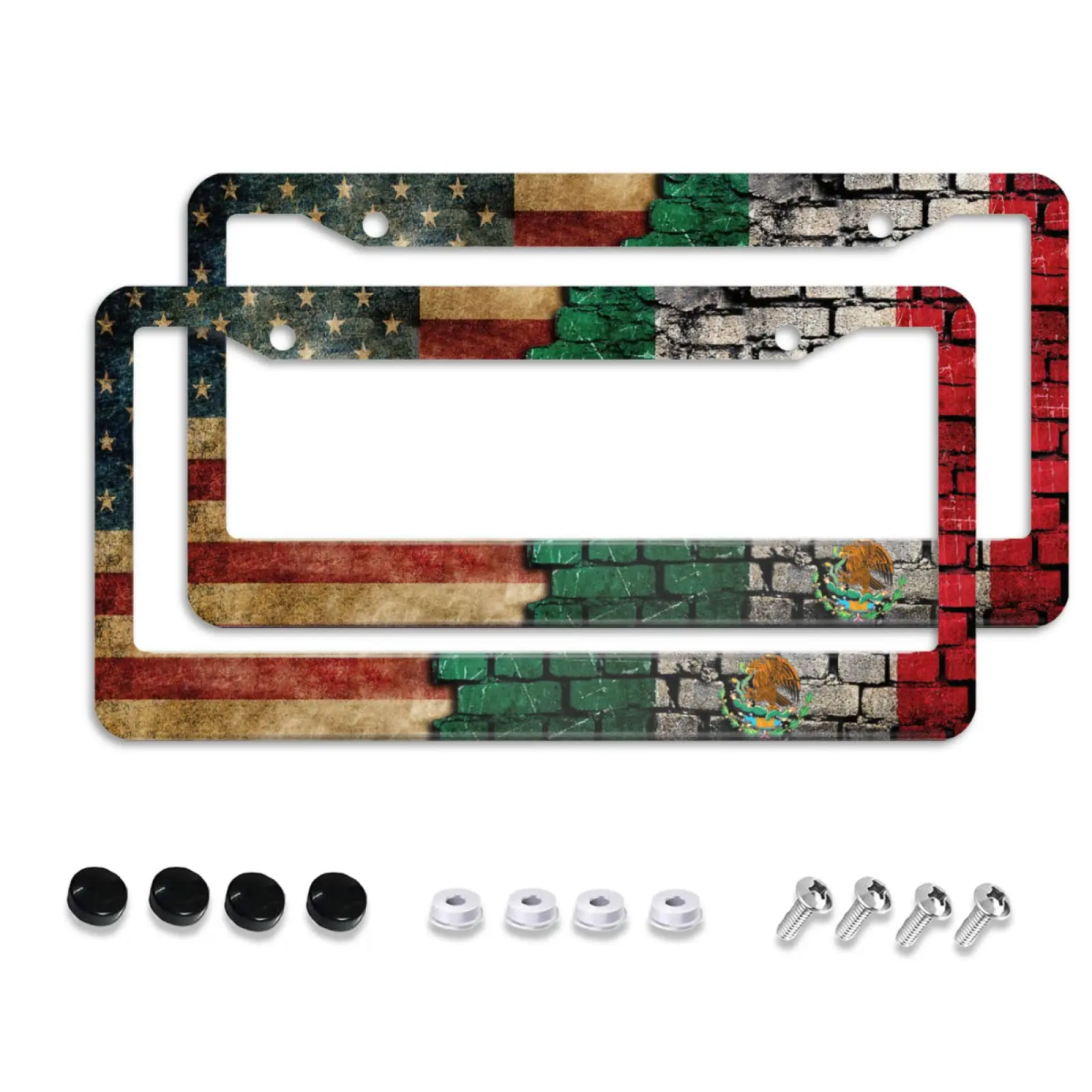 2-Pack Vintage American-Mexican Flag License Plate Frame & Cover - Hybrid Brick Aluminum Car Tag, Patriotic Heritage Auto Exterior Accessory with Screws Caps, Fits US Standard 12x6 In, License Plate Cover