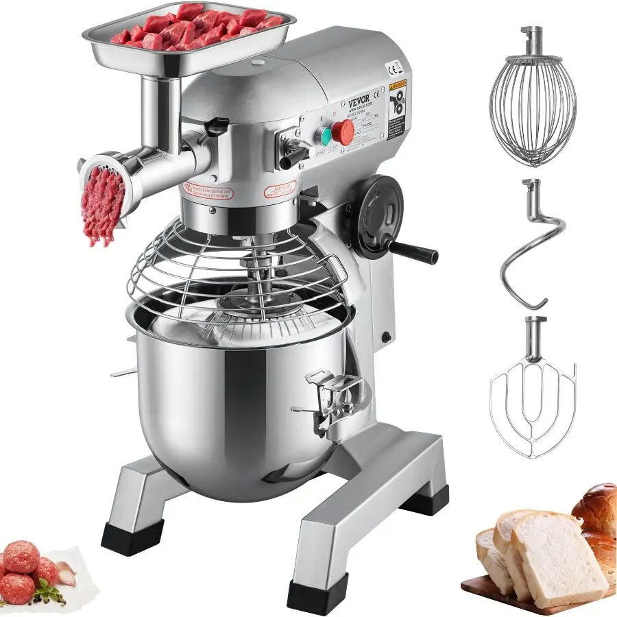VEVOR Commercial Stand Mixer - Father's Day Gift, 20 Qt Stainless Steel Bowl, 1100W 2-in-1 Electric Food Mixer with Meat Grinder, 3-Speed Control, Dough Hook, Whisk & Beater for Bakery, Pizzeria