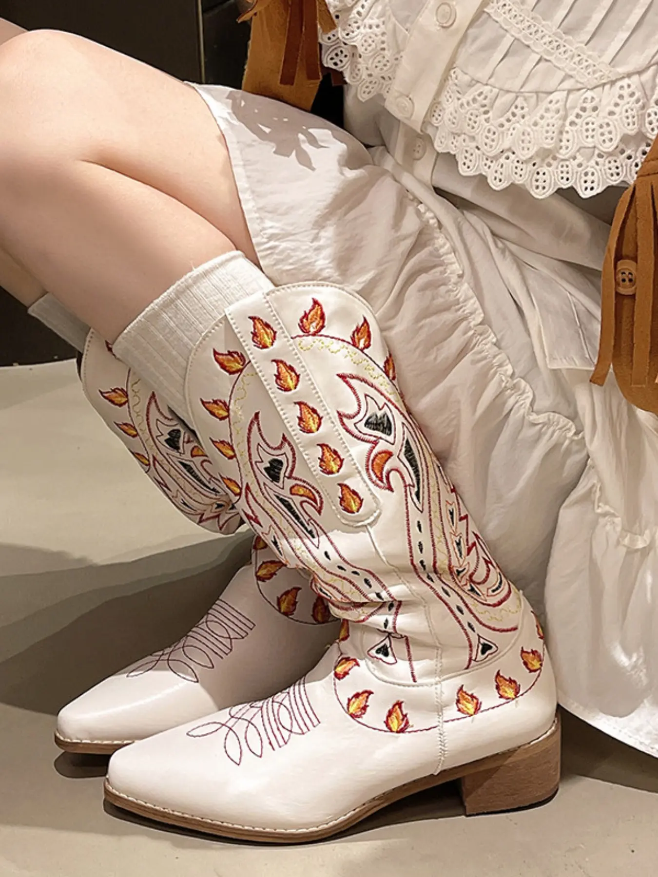 Women's Flame Paisley Embroidered Western Cowboy Mid-Calf Boots, Pointed Toe Wooden Chunky Heel, Vintage Music Festival Shoes