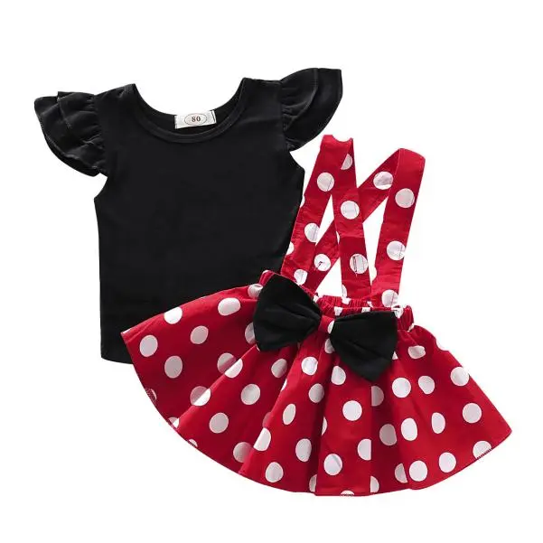 [Mini Cloud] Girls Fashion Dress Set Flying Sleeve Round Neck Short Sleeve Top Wide Strap Polka Dot Skirt Suit