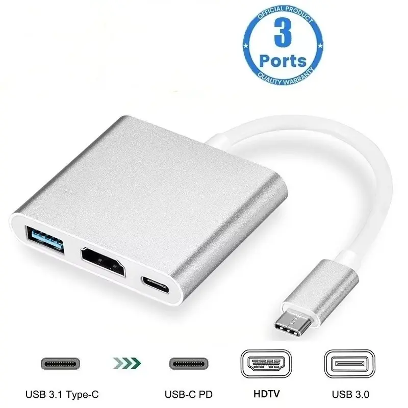 3 in 1USB C to 4K HDTV Adapter, 1 Count Type C to HDMI Multiport Digital AV Converter, with Fast Charging Port & USB 3.0 Port, Suitable for MacBook Pro/air, iPad Pro/air, iPhone, Tablets, Switch & More USB-C Devices