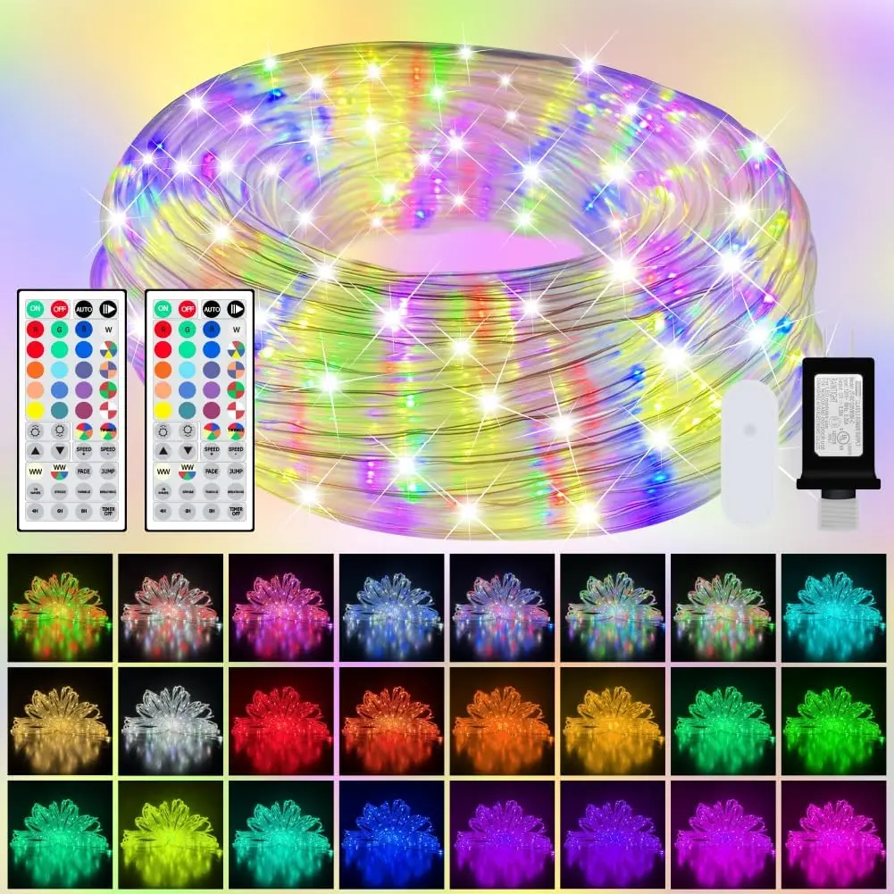 100ft Outdoor LED Rope Lights IP68 Waterproof 25 Color Changing String Lights Red White Blue for 4th of July Patriotic Decorations Warm White & RGB Twinkle Fairy Light for Christmas Indoor Outside