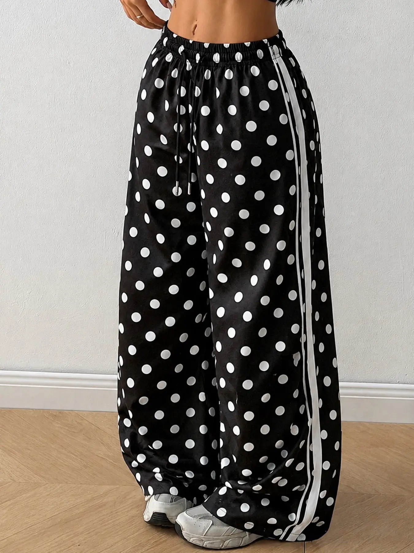 Women's Long Pants, Polka Dot Side Stripe Sweatpants, Fashionable, Party Wear, Campus Style, Motorcycle Look