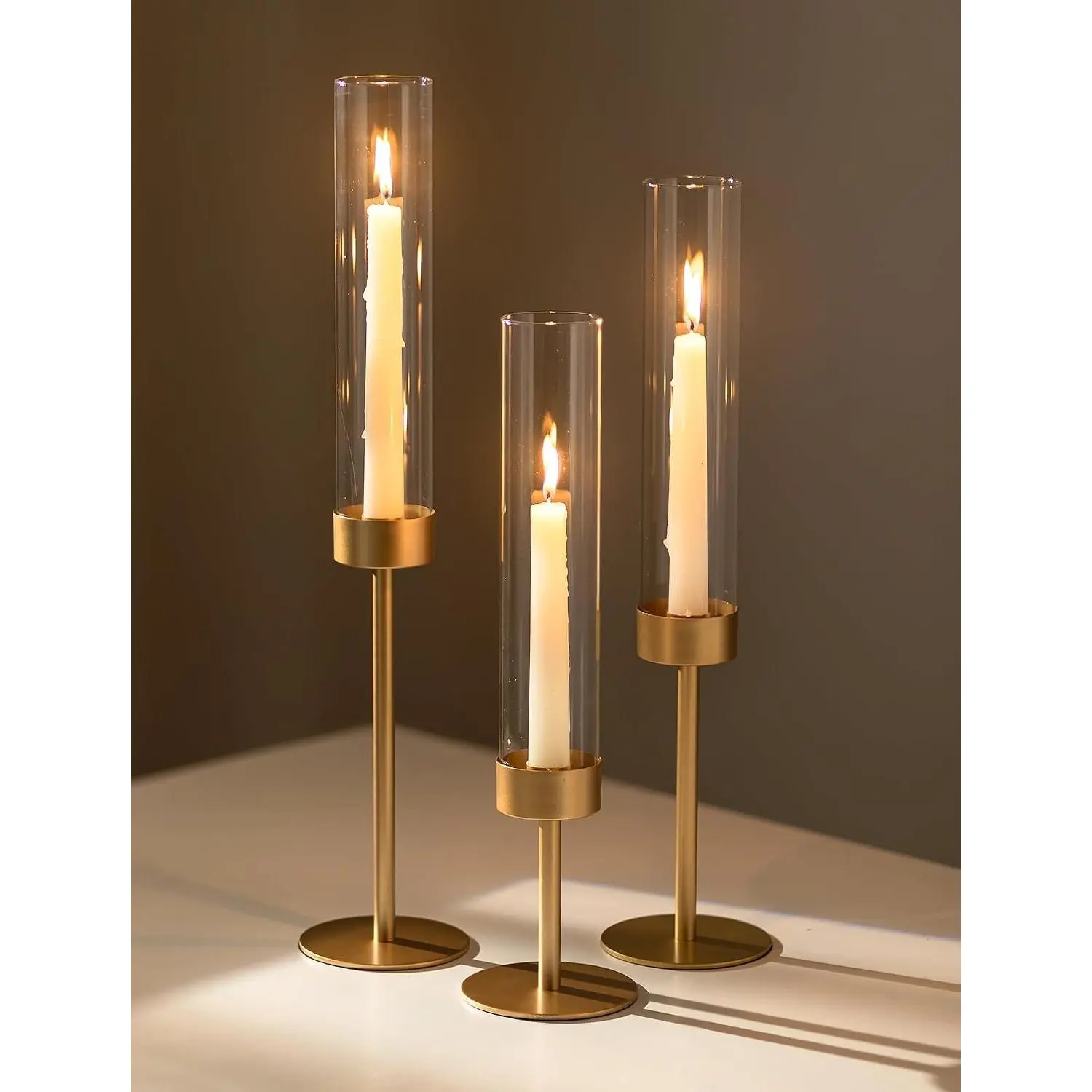 Set of 3 Gold Glass Hurricane Candle Holders with Removable Borosilicate Clear Cylinder Covers, Matte Gold Finish, Wedding Table Centerpiece, Party Christmas DecorGift