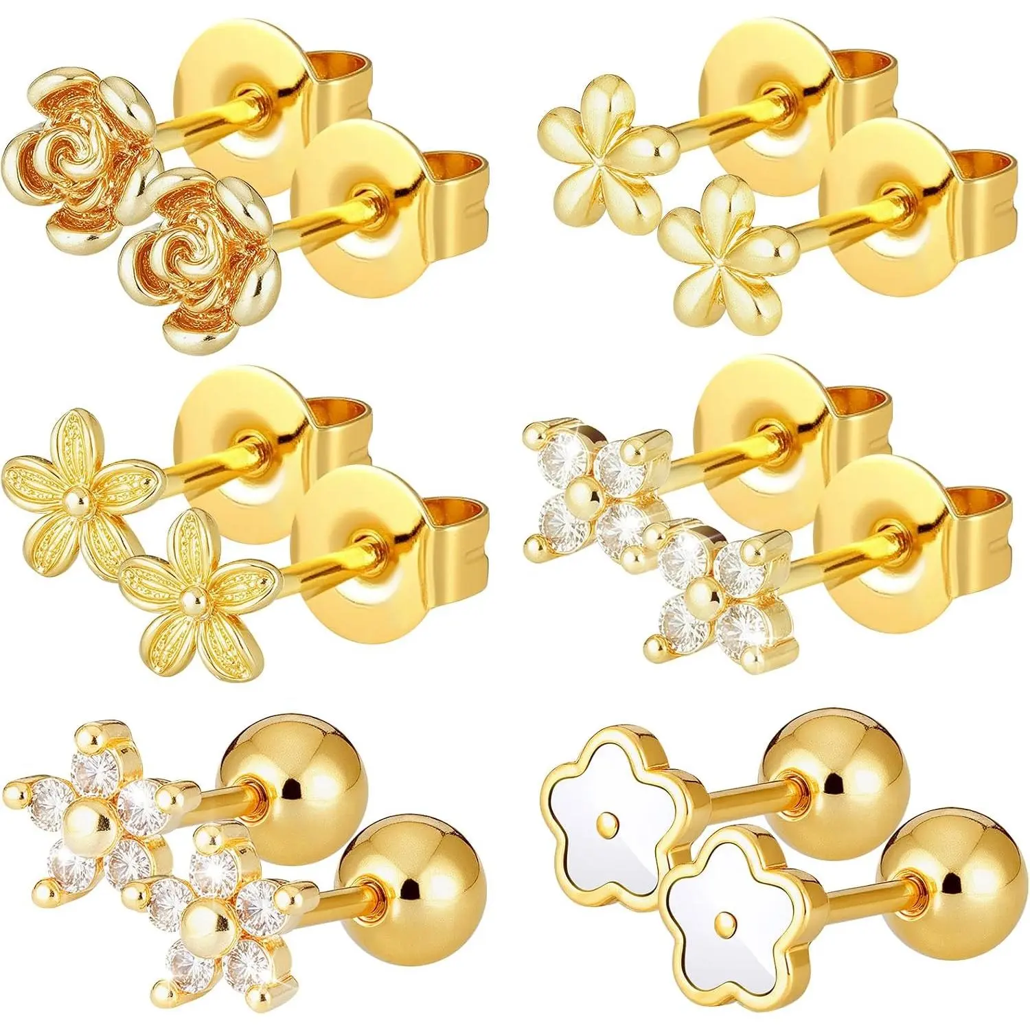 6 Pair  Flat  Stud Earrings for Women  Plated Cartilage Tragus Helix Nose  Flower Earrings Small Mini Alloy  Stud for Labret Cartilage Tragus Helix Conch Nose