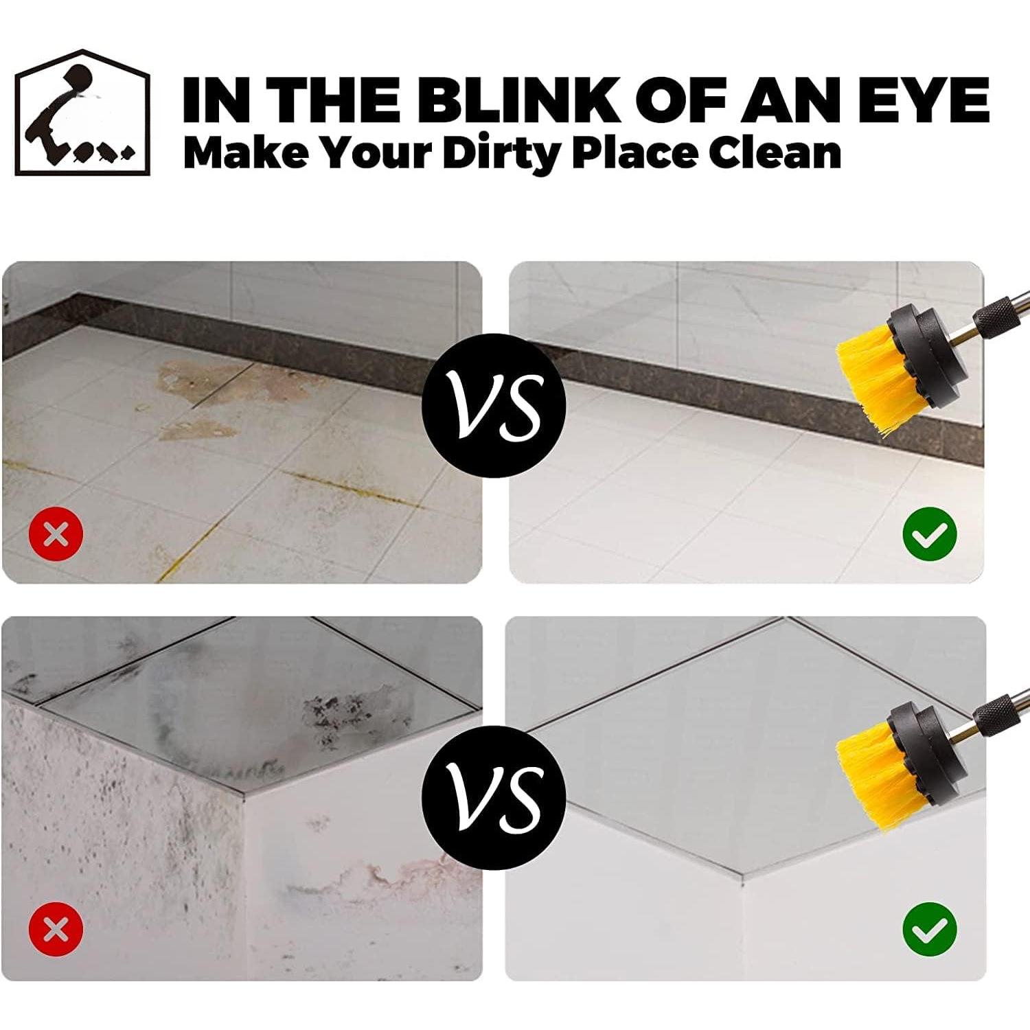 4 Pack Drill Brush Attachments Set, Power Scrubber with Extend Long Attachment,Cleaning Supplies for Bathtub, Shower, Grout, Tile(Yellow)