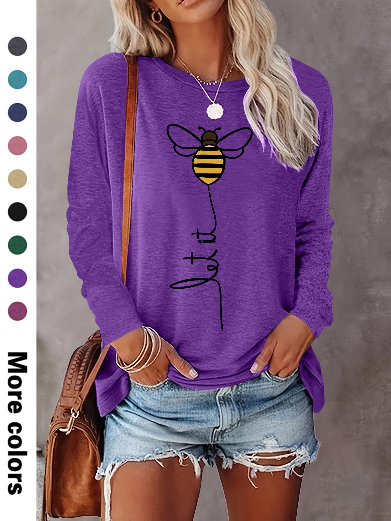 Women's Cartoon Bee Print Round Neck Fitted Tee, Casual Chic Long Sleeve Crew Neck T-shirt for Fall & Winter, Women's Top for Daily Wear, Womenswear