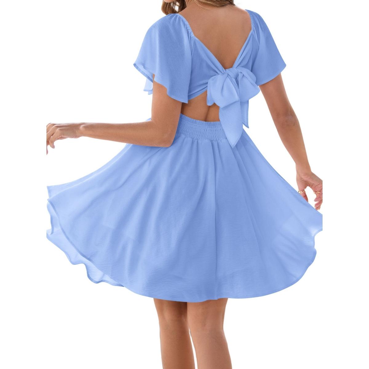 Women's Summer Sweetheart NecklineKnot Front Flowy Mini Chiffon Dresses, Easter dress,Flutter Sleeve, Tie-Back, A-Line Cut, No Scratchy, No Sheer, Wedding Guest,Bridal Shower, Church, Party, Casual, or Daily Wear