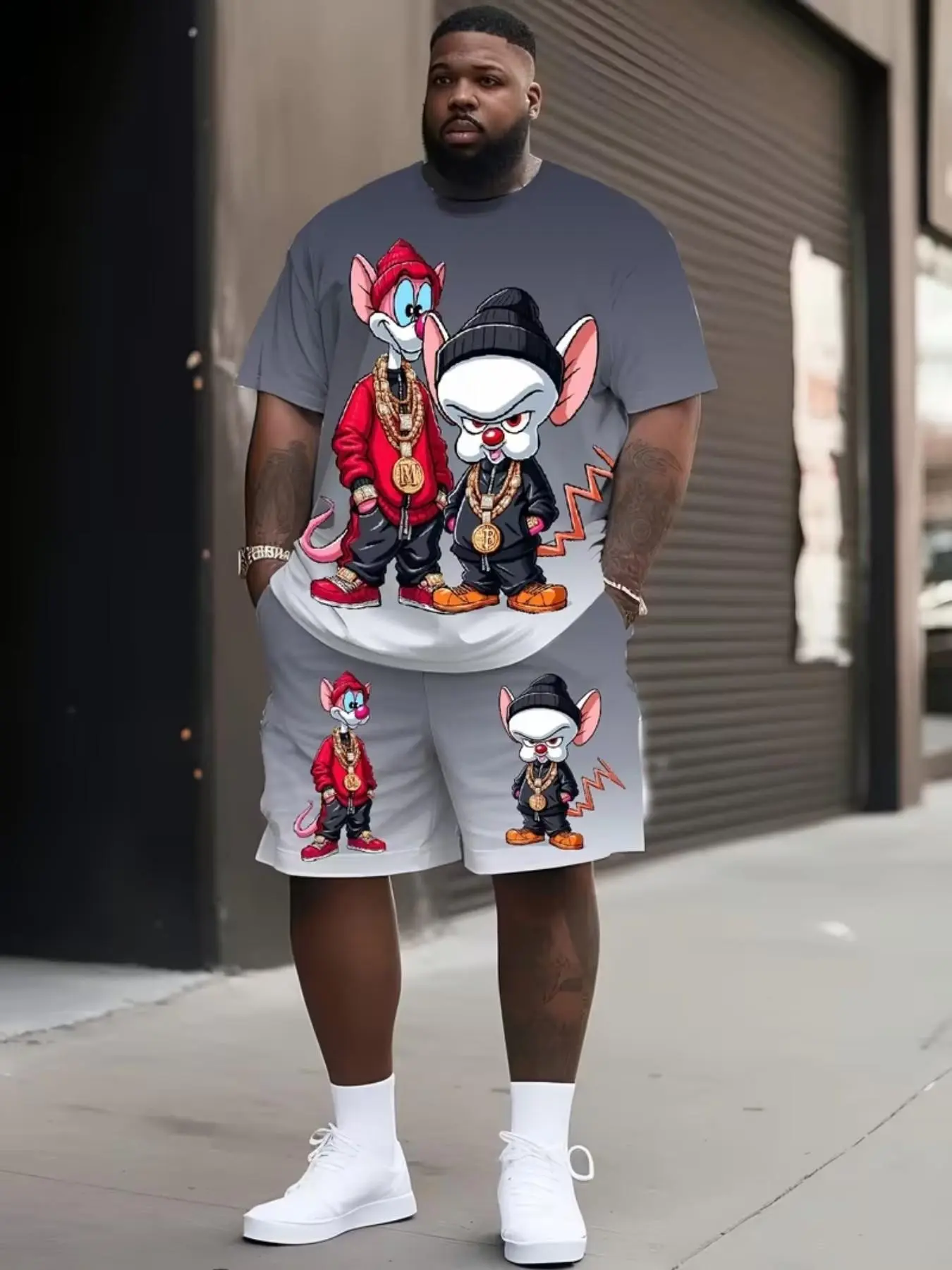Men's Gradient Hip Hop Cartoon Mouse Gold Chain 3D Print Set, Casual Round Neck Short Sleeve T-Shirt and Shorts, Plus Size Streetwear
