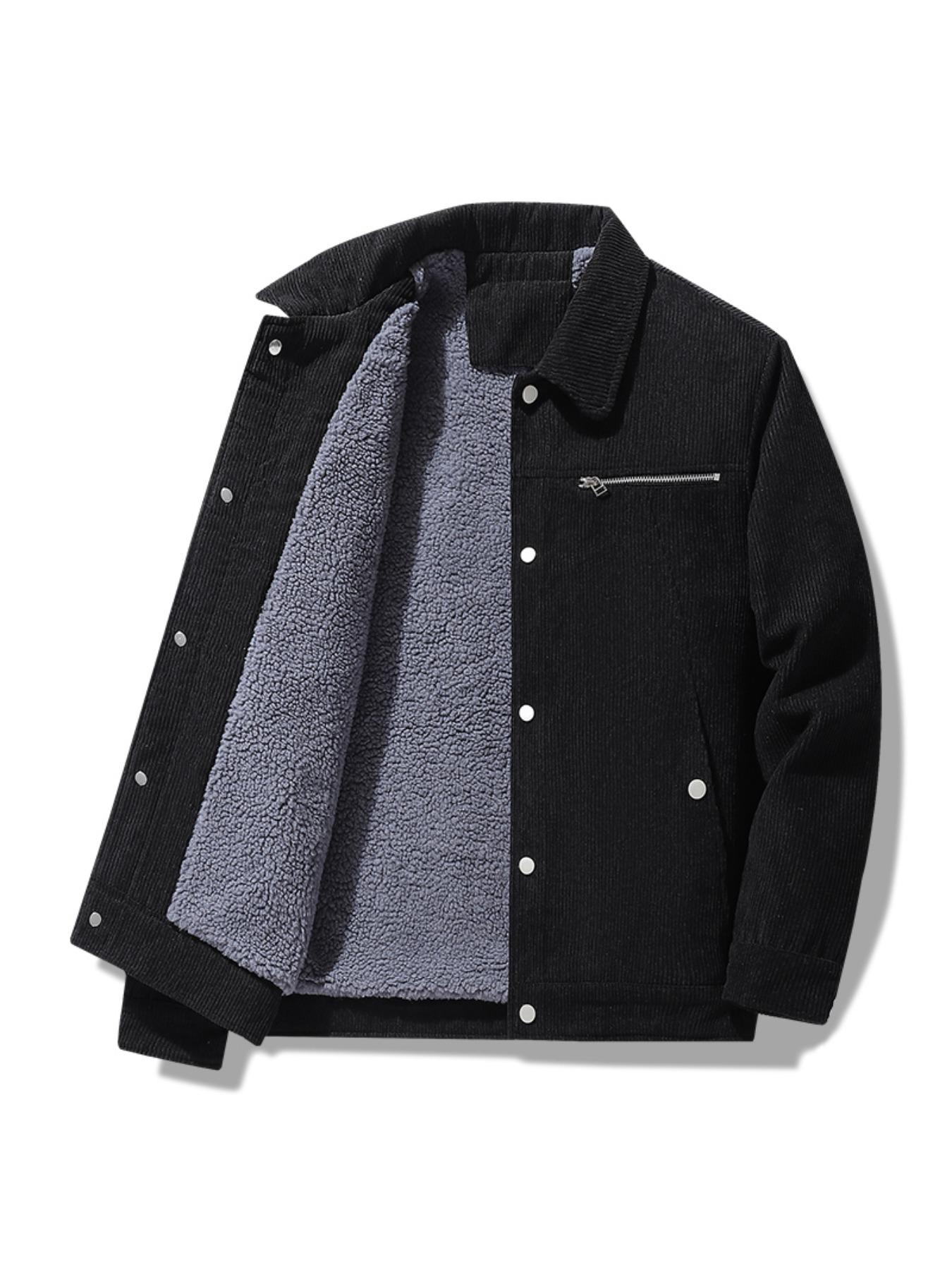 Men's Solid Button Front Pocket Thermal Lined Jacket, Loose Casual Long Sleeve Collared Outerwear for Fall & Winter, Men's Clothes for Daily Wear, Casual Fashion Coat, Casual Comfy Jacket
