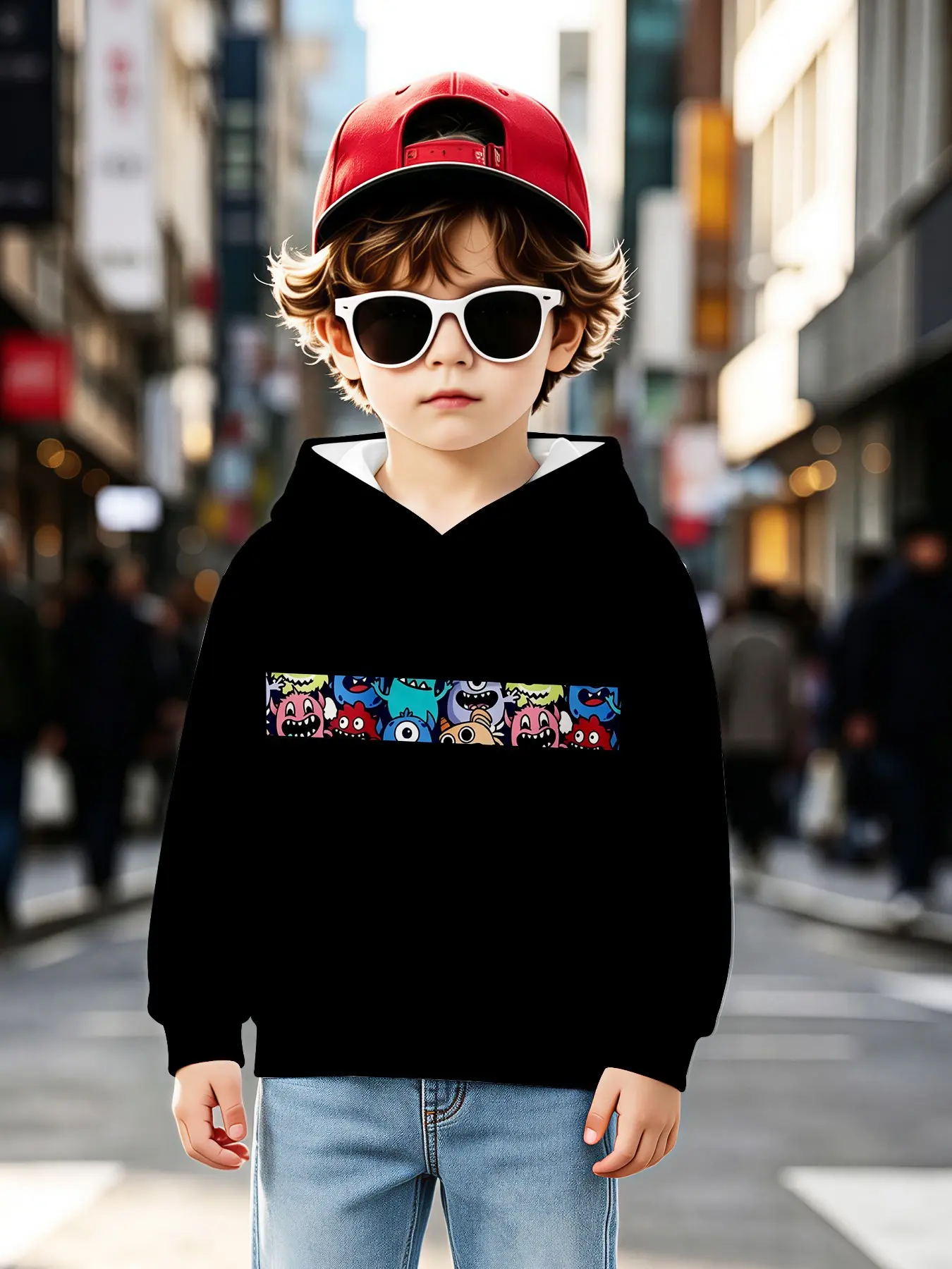 Trendy Monster Hoodie for Kids, Boys' Loose Fit Cartoon Print Sweatshirt, Fall & Winter Casual Long Sleeve Top