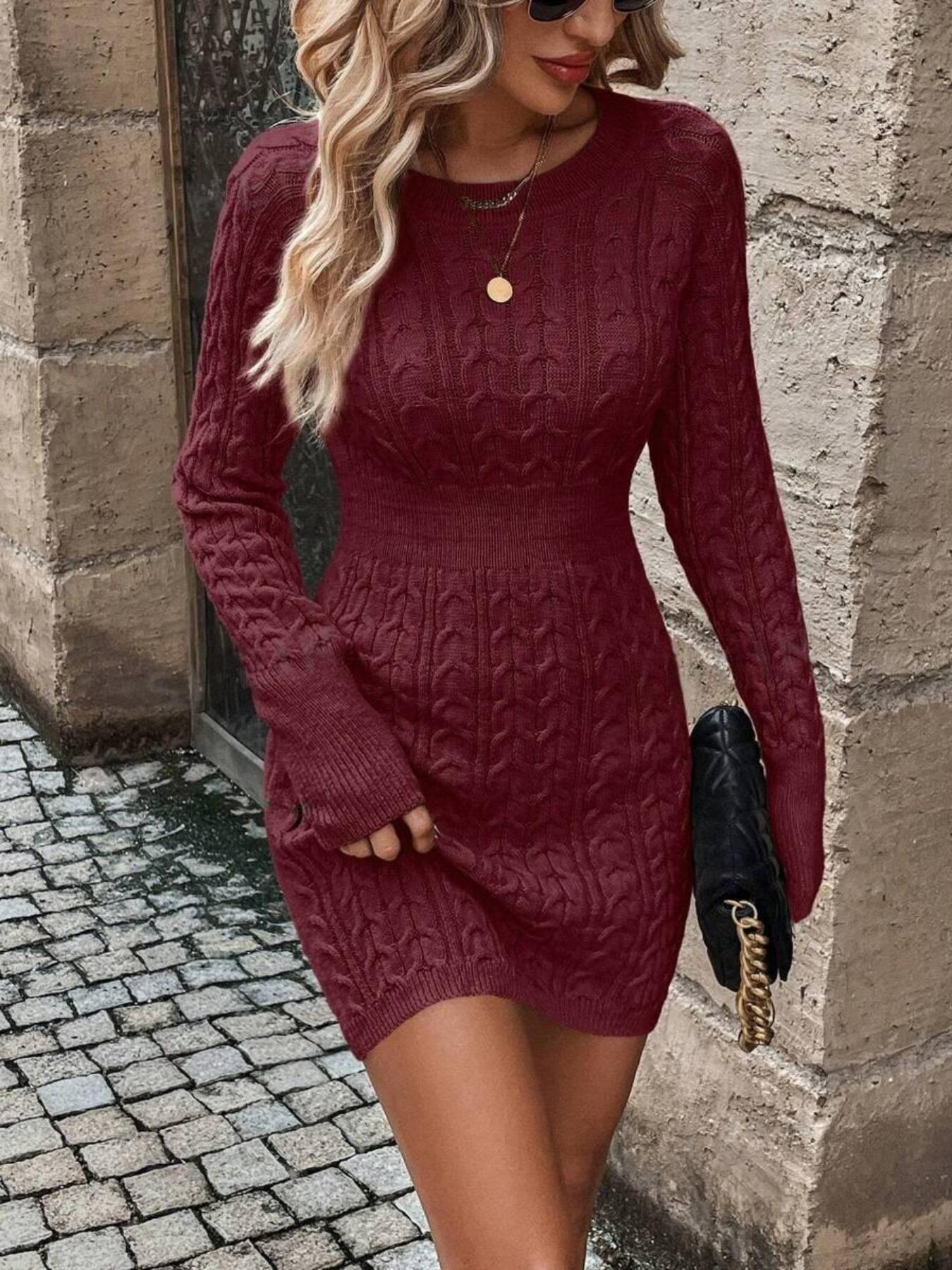 Women's Plain Round Neck Cable-Knit Bodycon Sweater Dress, Elegant Fashion Casual Long Sleeve Jumper Dress for Everyday Wear, Women's Knitwear for Fall & Winter