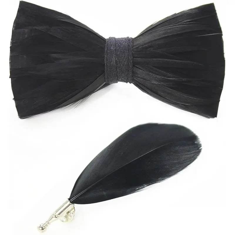 Handmade Feather Pre-tied Bow tie and Brooch Sets for Men