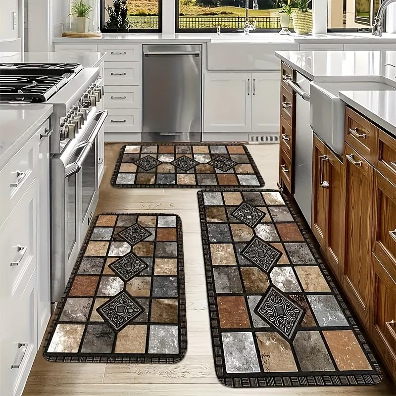 2D Flat 2pcs Brown Kitchen Absorbent Diatomaceous Earth Floor Mats, Vintage Plaid Style Long Rugs, Oil And Non-slip Backing, Fast Drying, Machine Washable, Soft And Comfortable, Suitable For Kitchen, Laundry Room, Bathroom, Hallway, Home Decor Rugs
