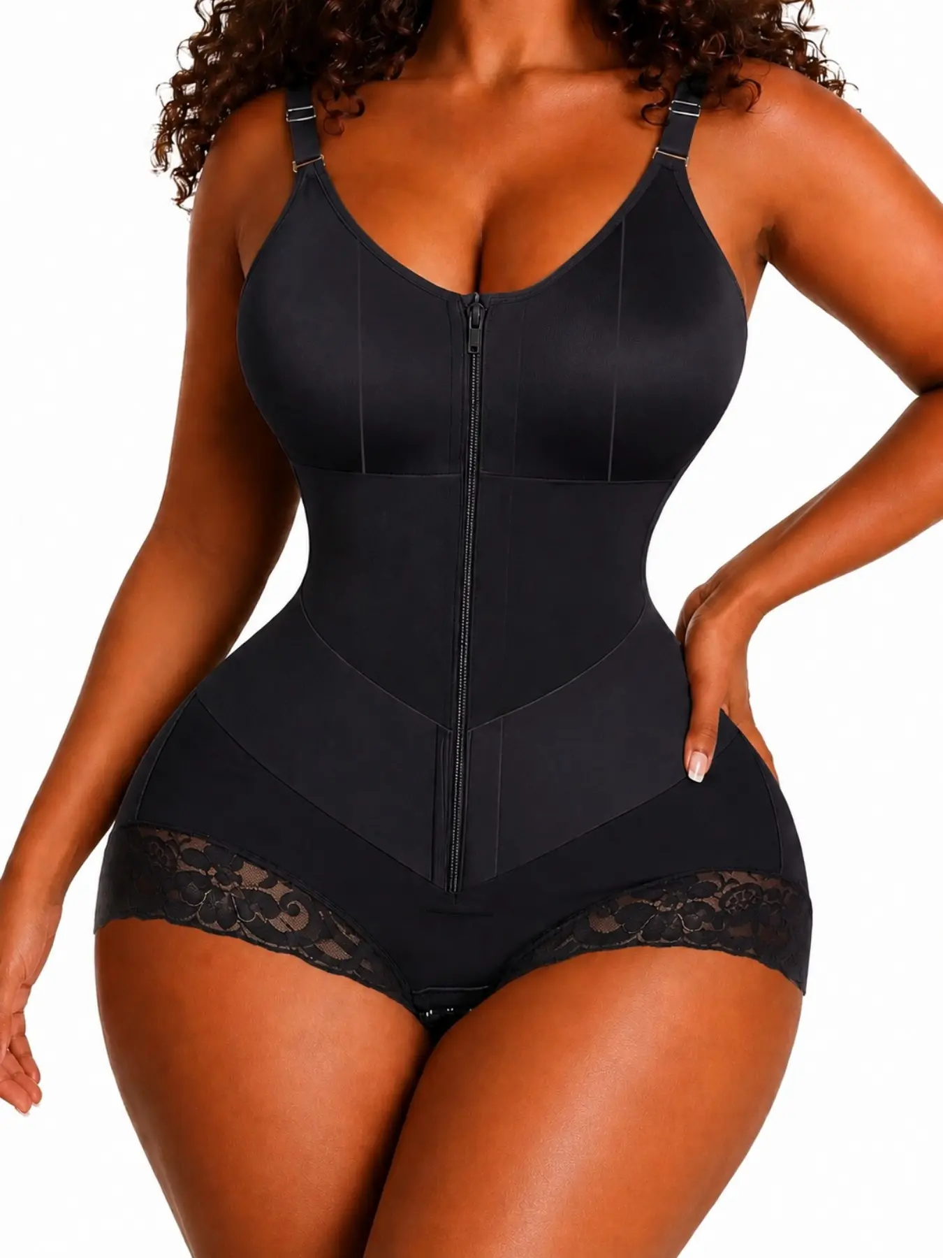 1 Count Women's Front Zipper Closure Curves Shapewear, Colombian Shapewear, Fajas, V-Panel Abdomen Targeted Compression Body Shaperwear, Butt Lifting & Tummy Control Body Shaper, Lace Trim Hem Shapewear Bodysuit, Suitable For Relaxed Home Wear