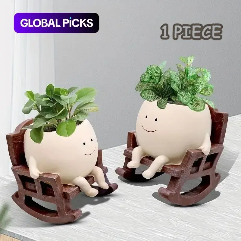 😌 The "Chill Mode" Desk Buddy ｜ Aesthetic Rocking Chair Face Planter [Stress-Relief Decor] Resin Planters