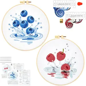 Armindou 2Set Embroidery Kits with Fruit Pattern for Beginners Adults, Hand Embroidery Needlepoint DIY Kits, Stamped Cross Stitch Kits for Beginners Adult, 2 Embroidery Hoops (Attached Video Tutorial)